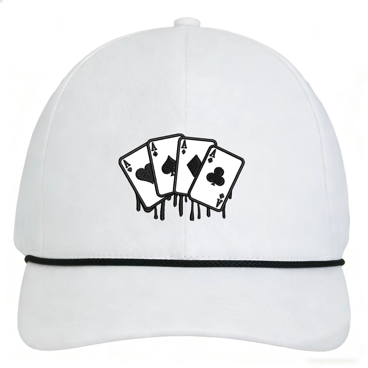 Custom embroidered vintage poker snapback hat in white with playing card design and adjustable fit