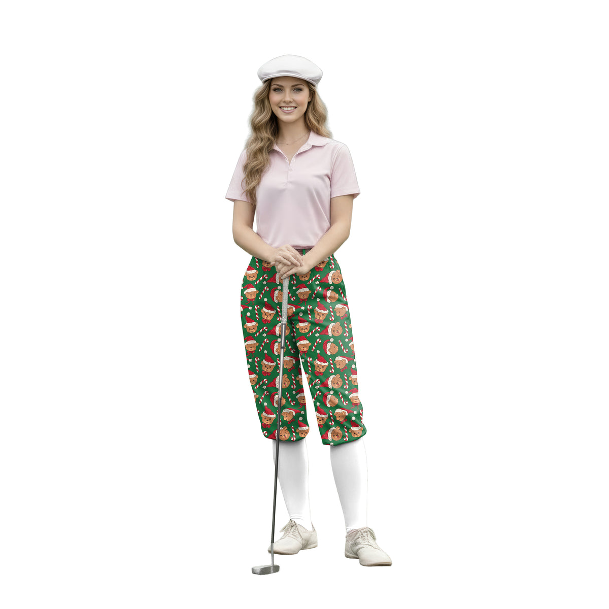 Personalize And Add To Cart Men's Green Christmas Teddy Bear Polo Womens Golf Knickers Pants