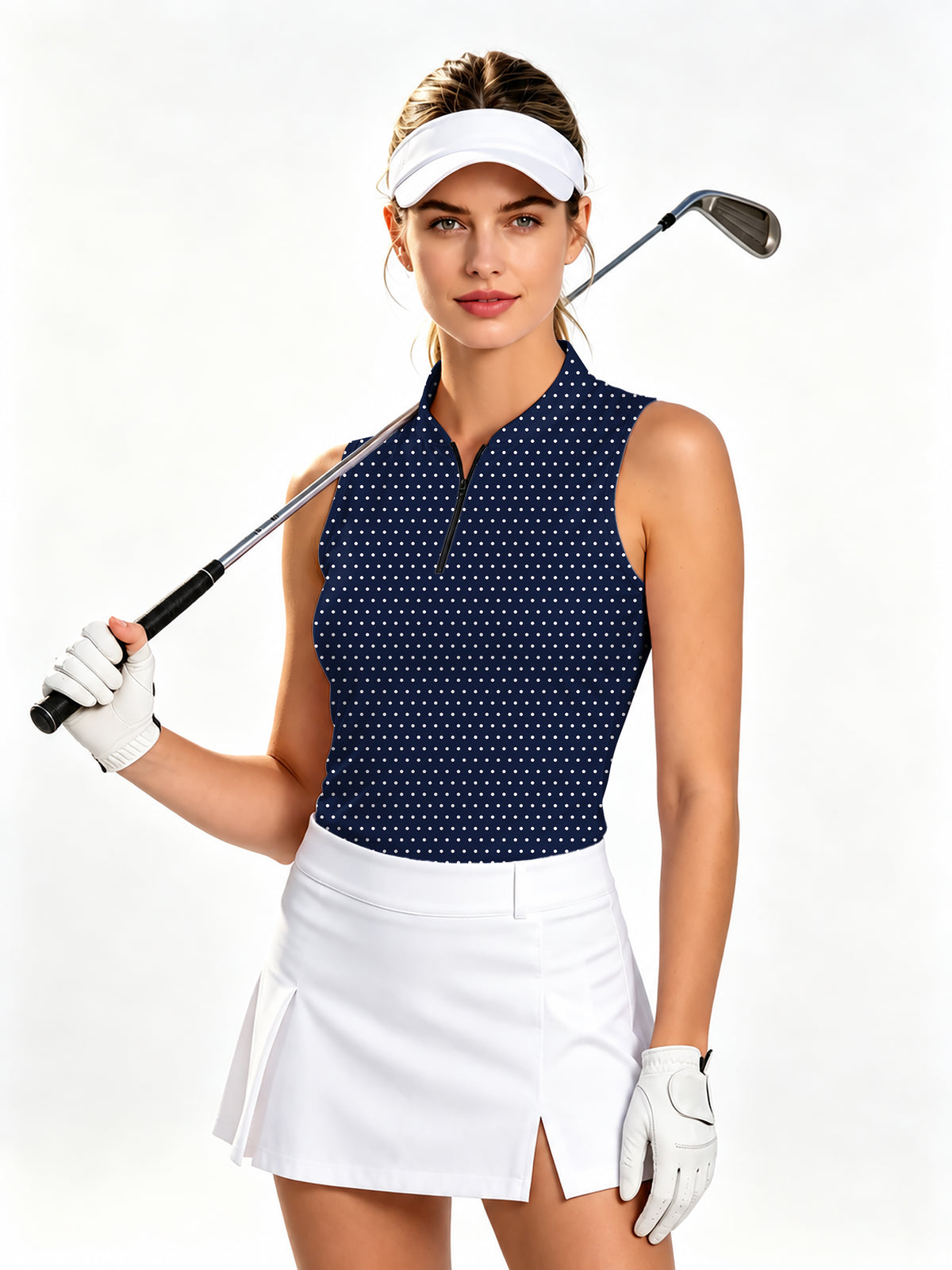 Navy blue with white polka dots Women's Quarter Zip Mock Neck Sleeveless Golf Athletic Blouse