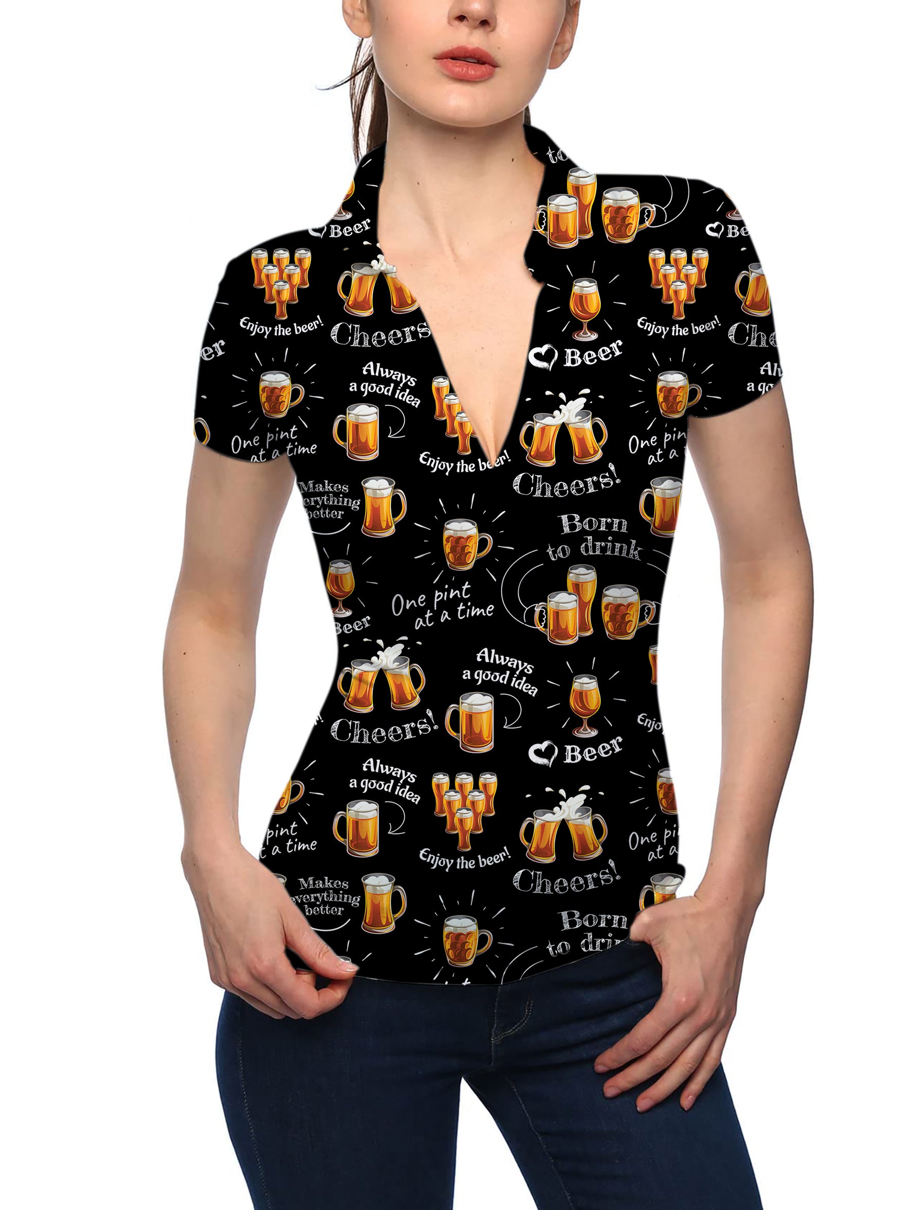 Women's cheer beer V Neck Golf Polo