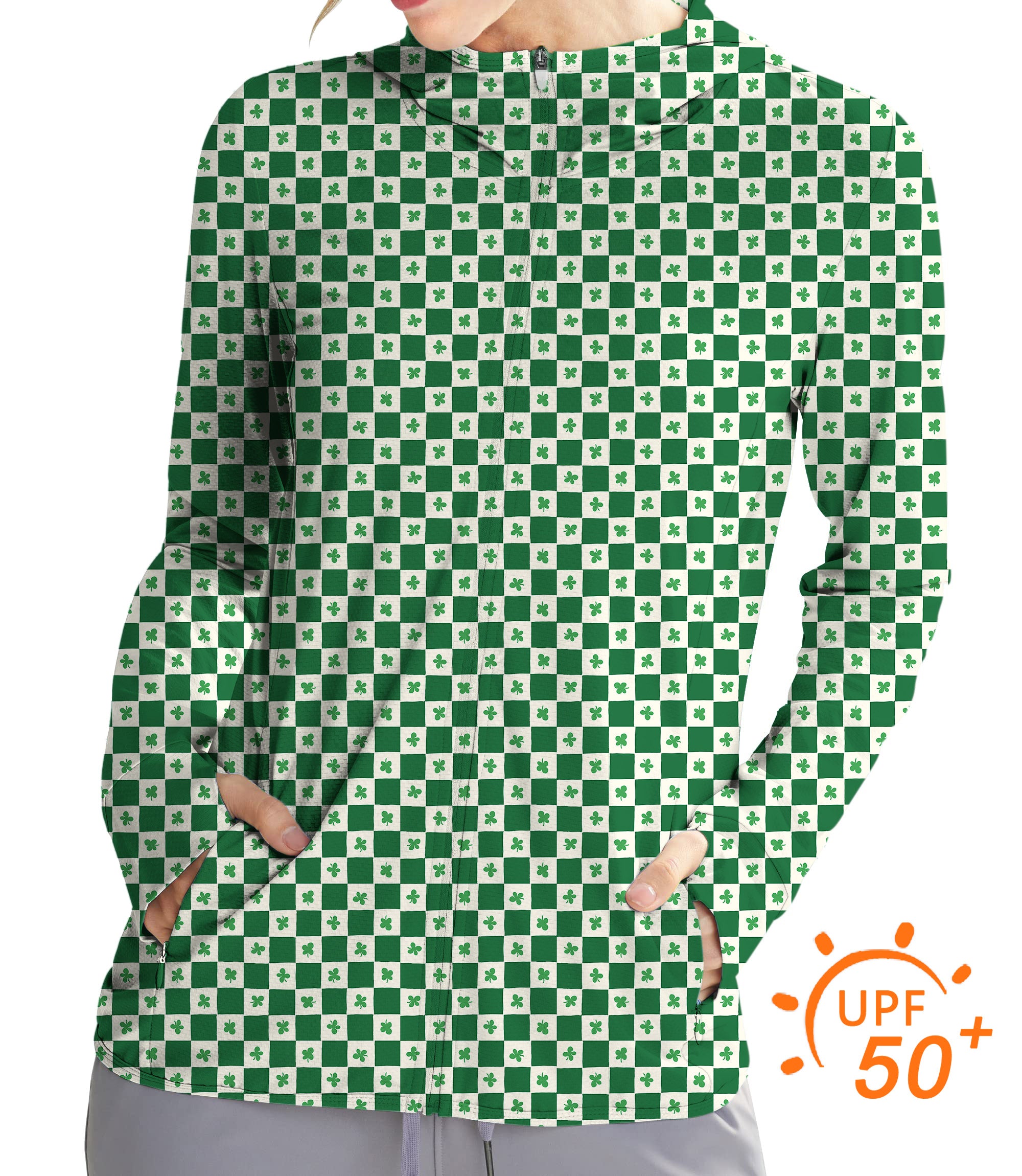 Women's Outdoor Leaf clover St. Patrick's Day Golf Sun Protection Slim Fit zip hoodies