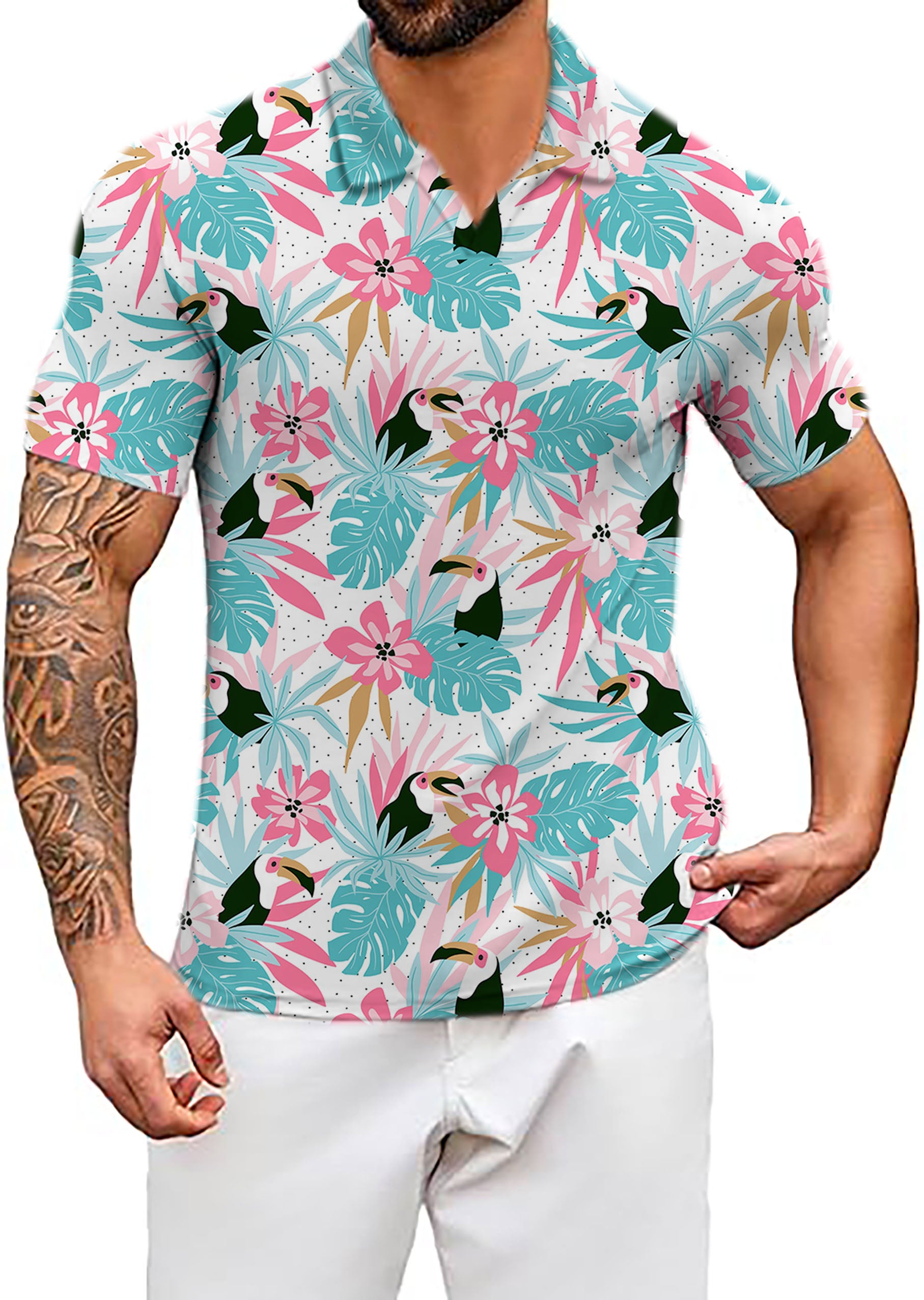 Men's Floral Toucan V Neck Golf Polo Shirts