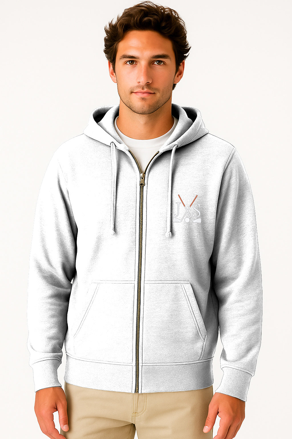 Plus size men's white embroidery solid color zip-up hoodie with three-panel hood and front pouch pocket