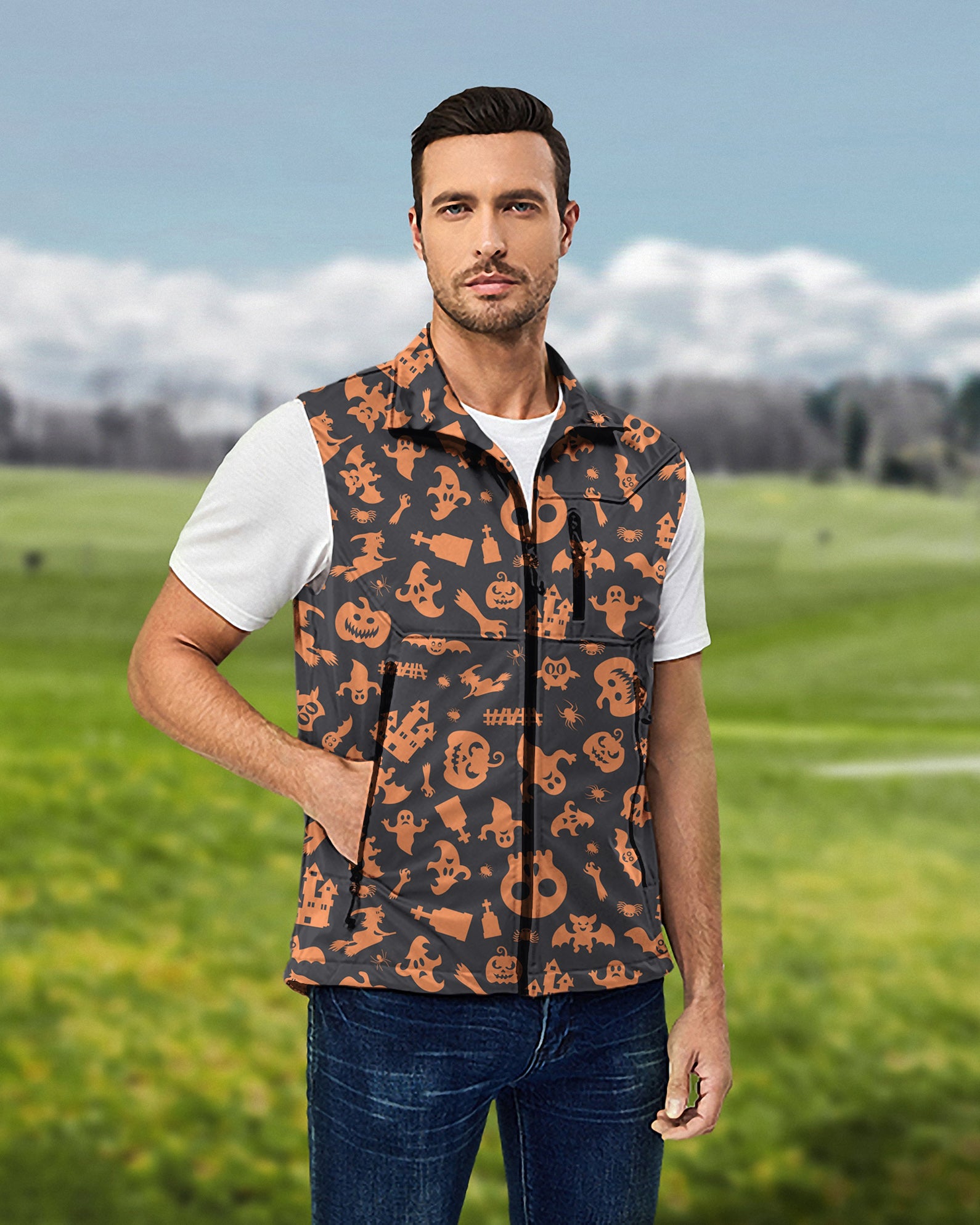 Men's Spooky Halloween Lightweight Softshell Vest Sleeveless Jacket for Golf Windproof Waterproof