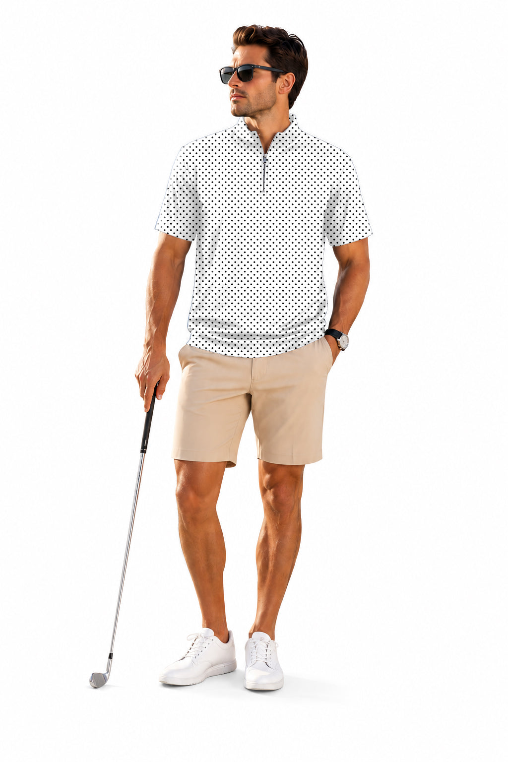 Men's Short Sleeve Quarter Zip Golf Pullover Black polka dots white background