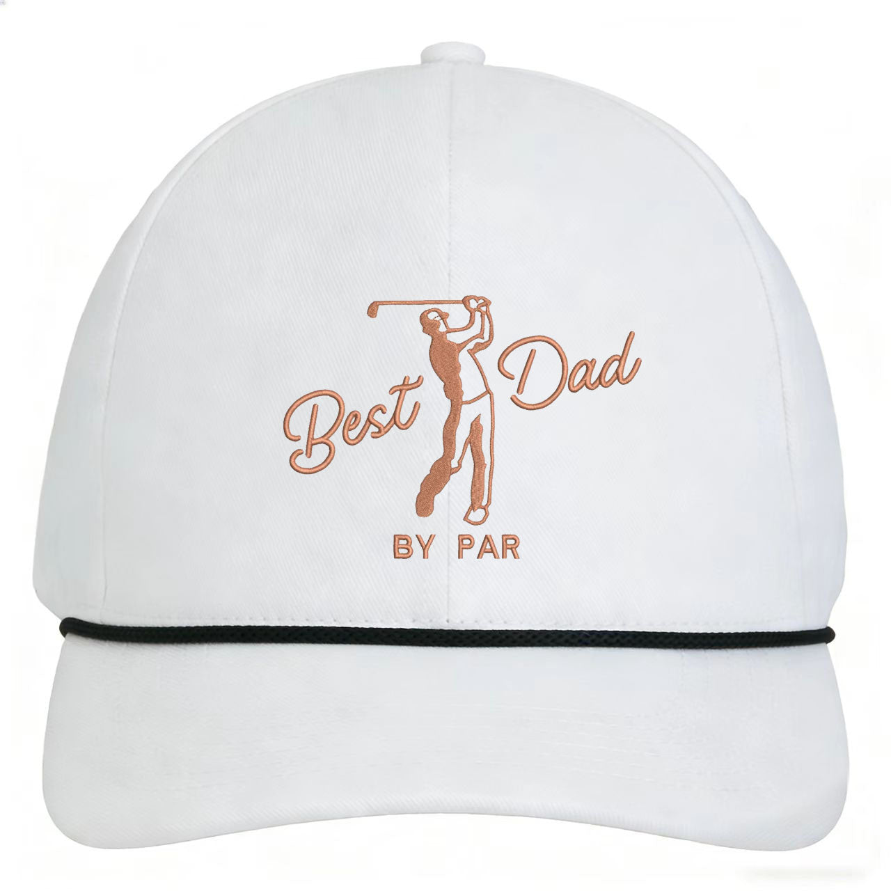 Custom embroidered vintage golf hat in white with "Best Dad By Par" design and adjustable snapback.