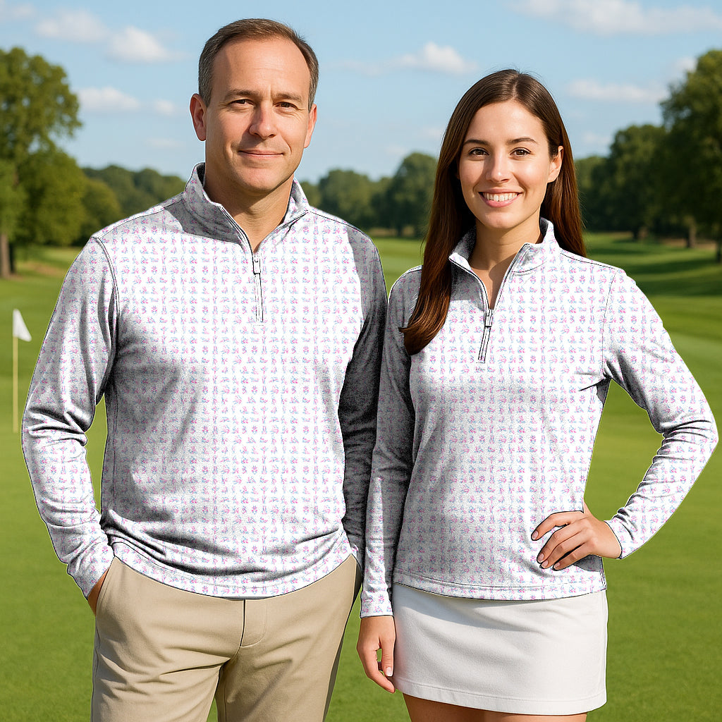 Couple wearing Sex Quickie Couple Golf active 3/4 zip tops with long sleeves on golf course