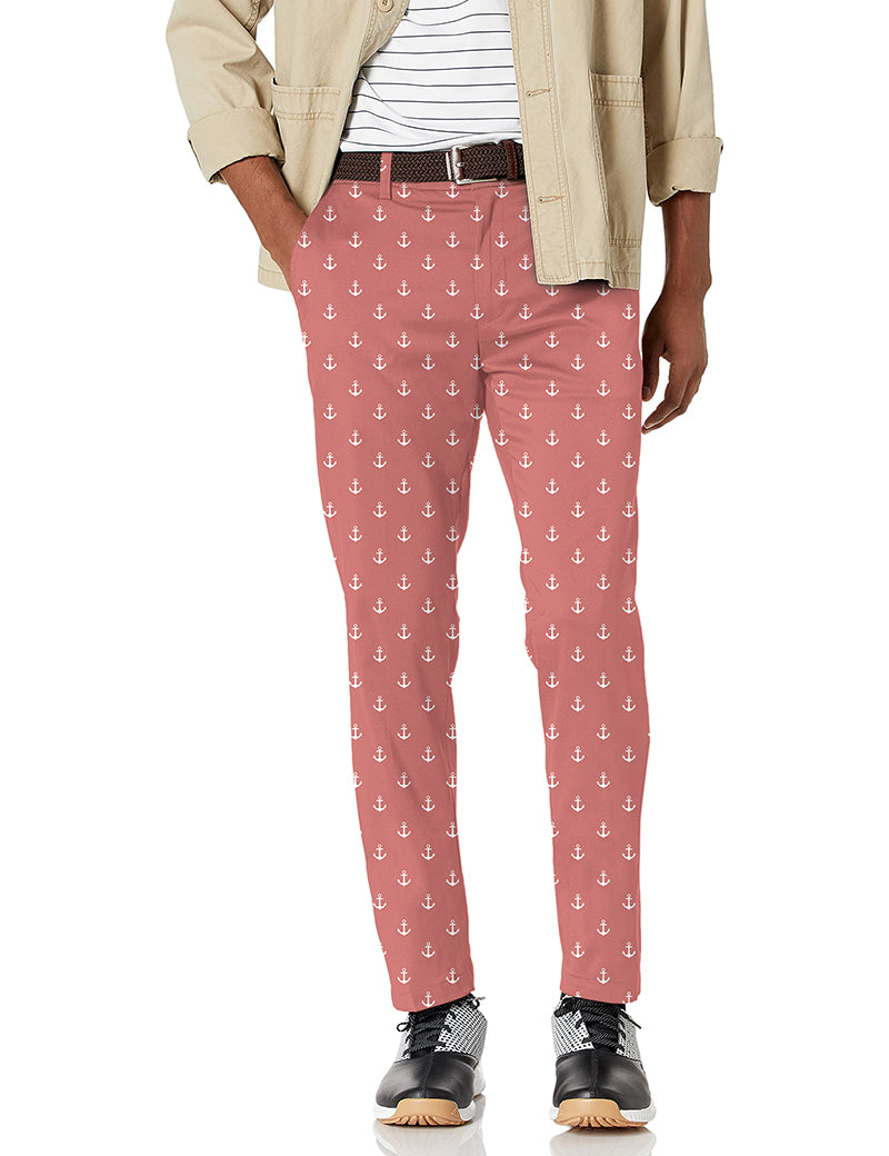 Men's pink red anchor stretch golf pants with moisture-wicking fabric and active waistband