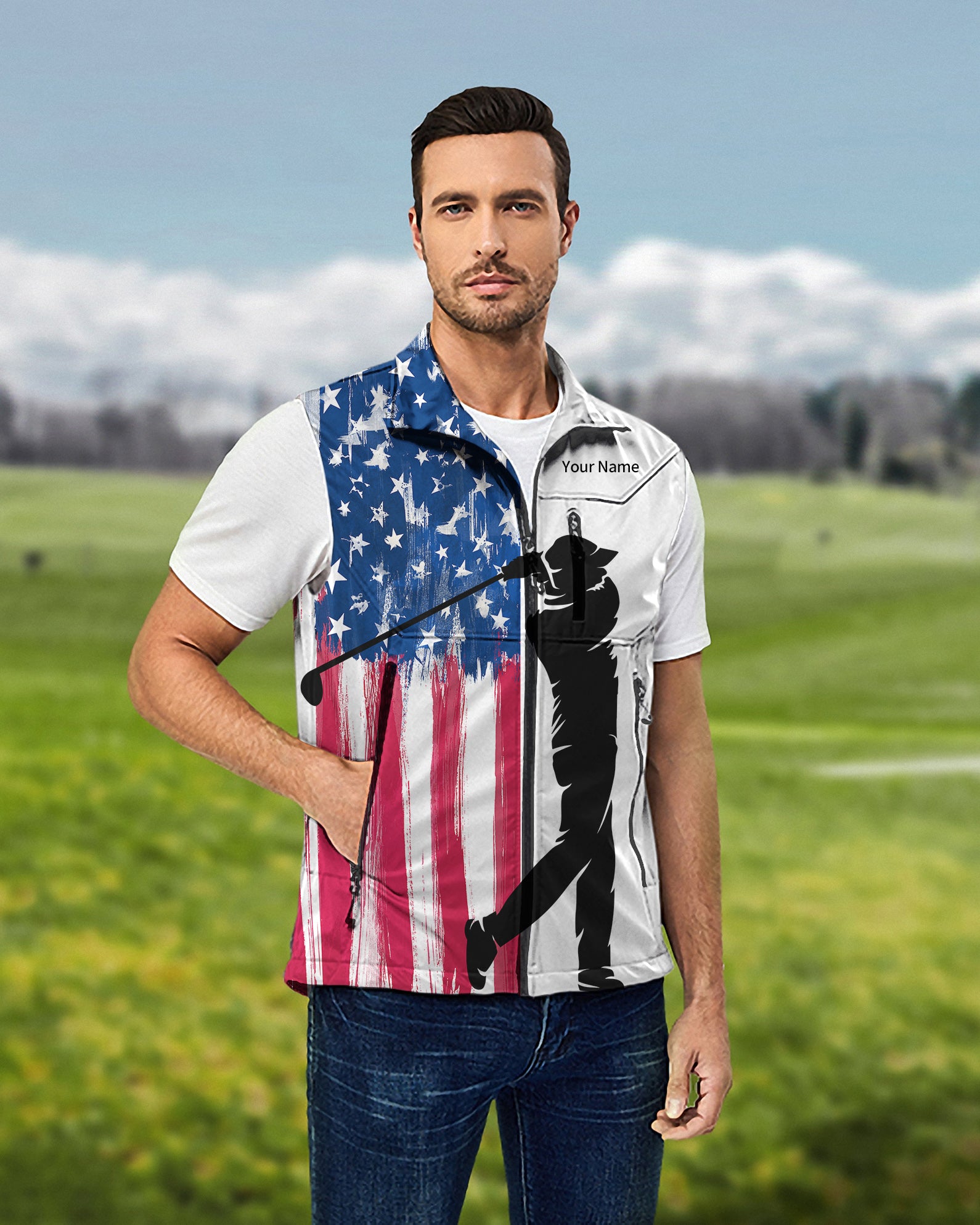 Personalized embroidery Your Name Men's American Flag Lightweight Softshell Vest Sleeveless Jacket for Golf Windproof Waterproof