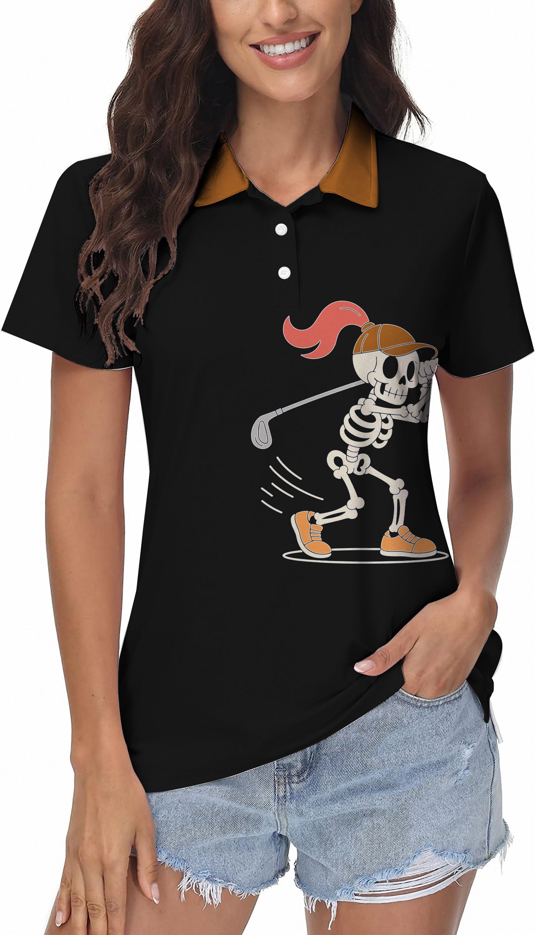 Pumpkin Black Halloween Skeleton Golf Women's golf Sleeveless shirt