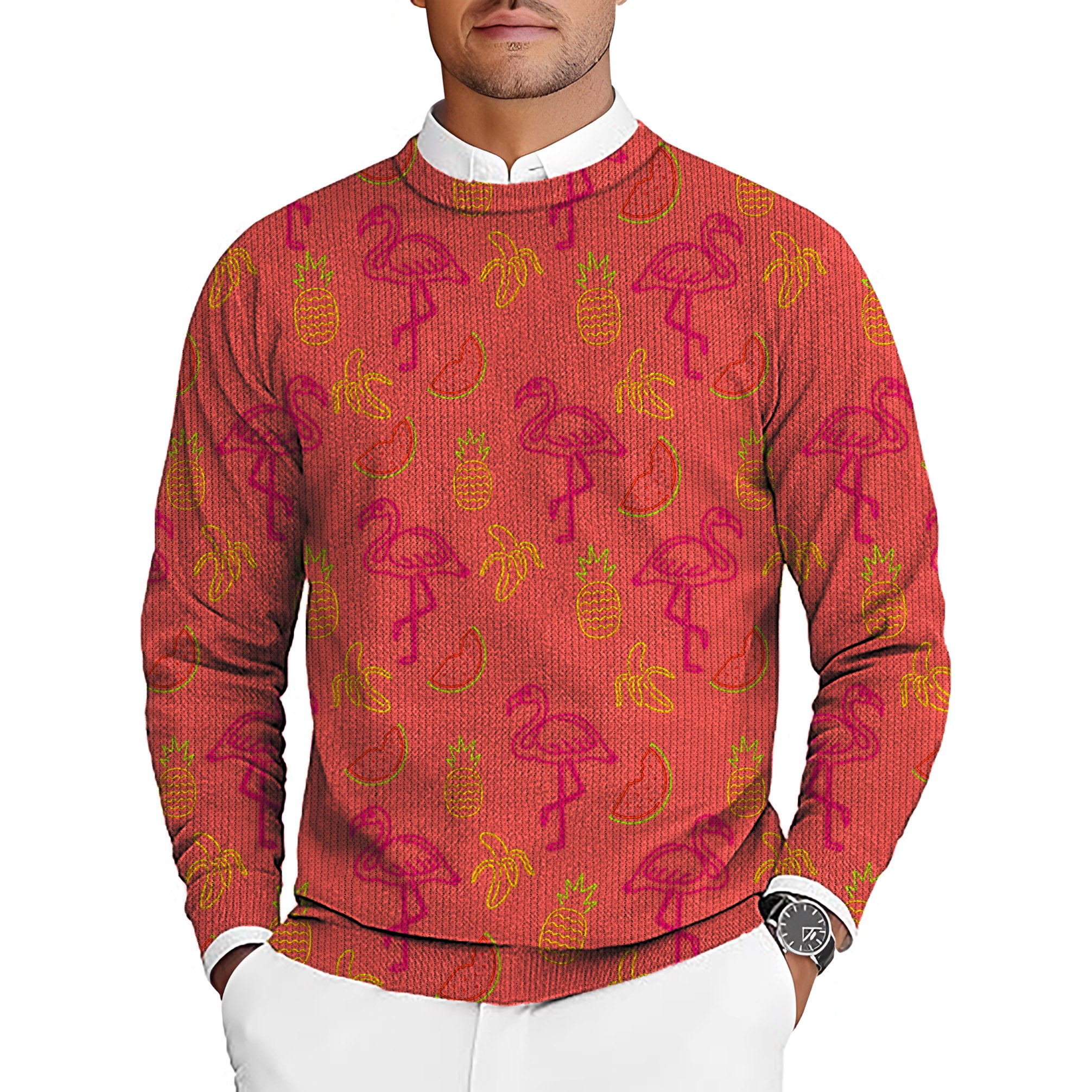 Fruity Flamingo Men's Golf Crewneck Pullover Sweaters Ugly Sweater