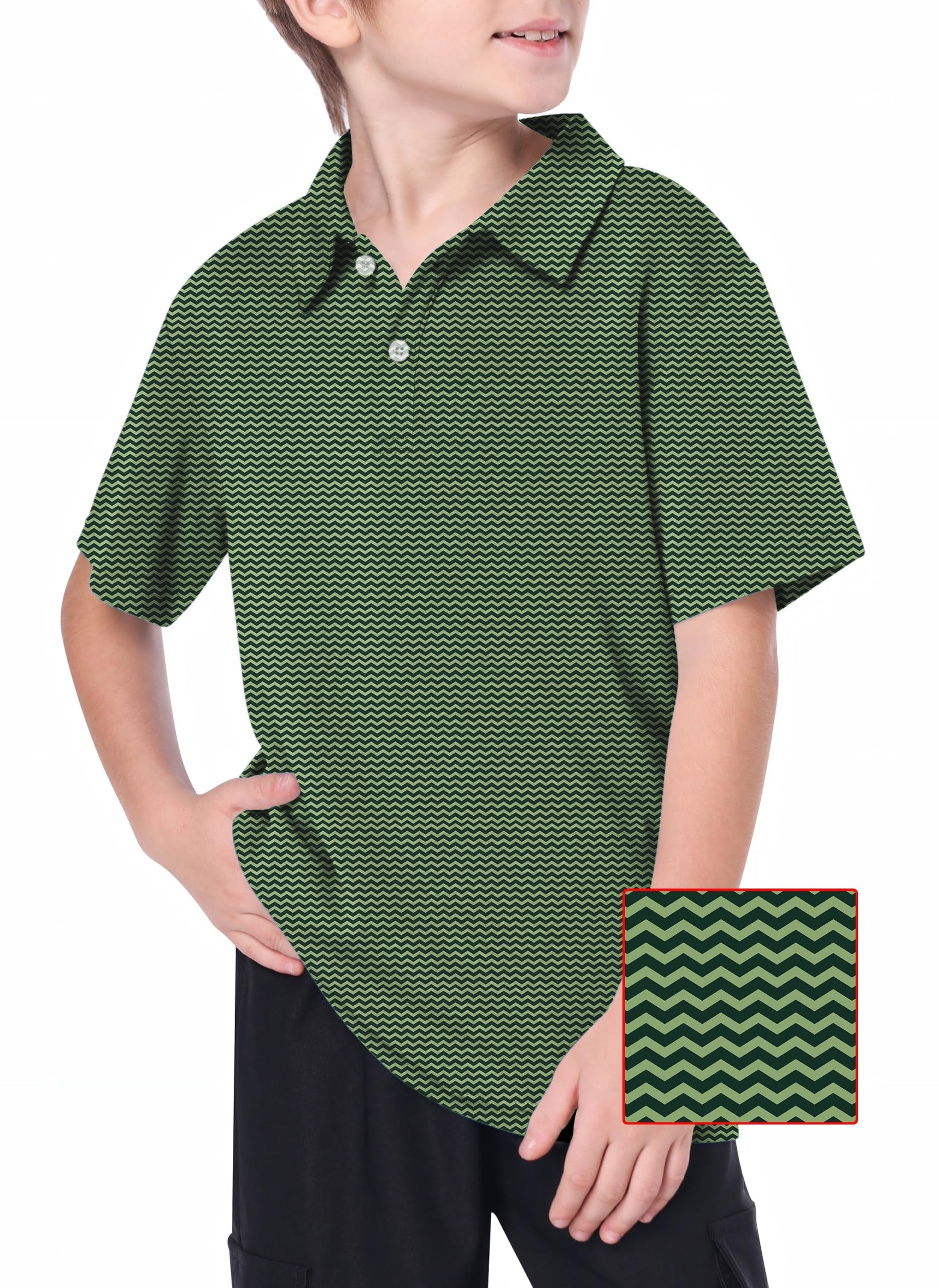Youth boy wearing green waves patterned golf polo with 4-way stretch and moisture-wicking fabric