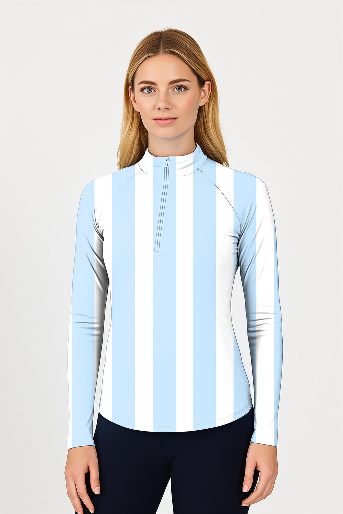 Blue and white vertical stripes Women's Golf Active 3/4 Zipper Top Long Sleeves