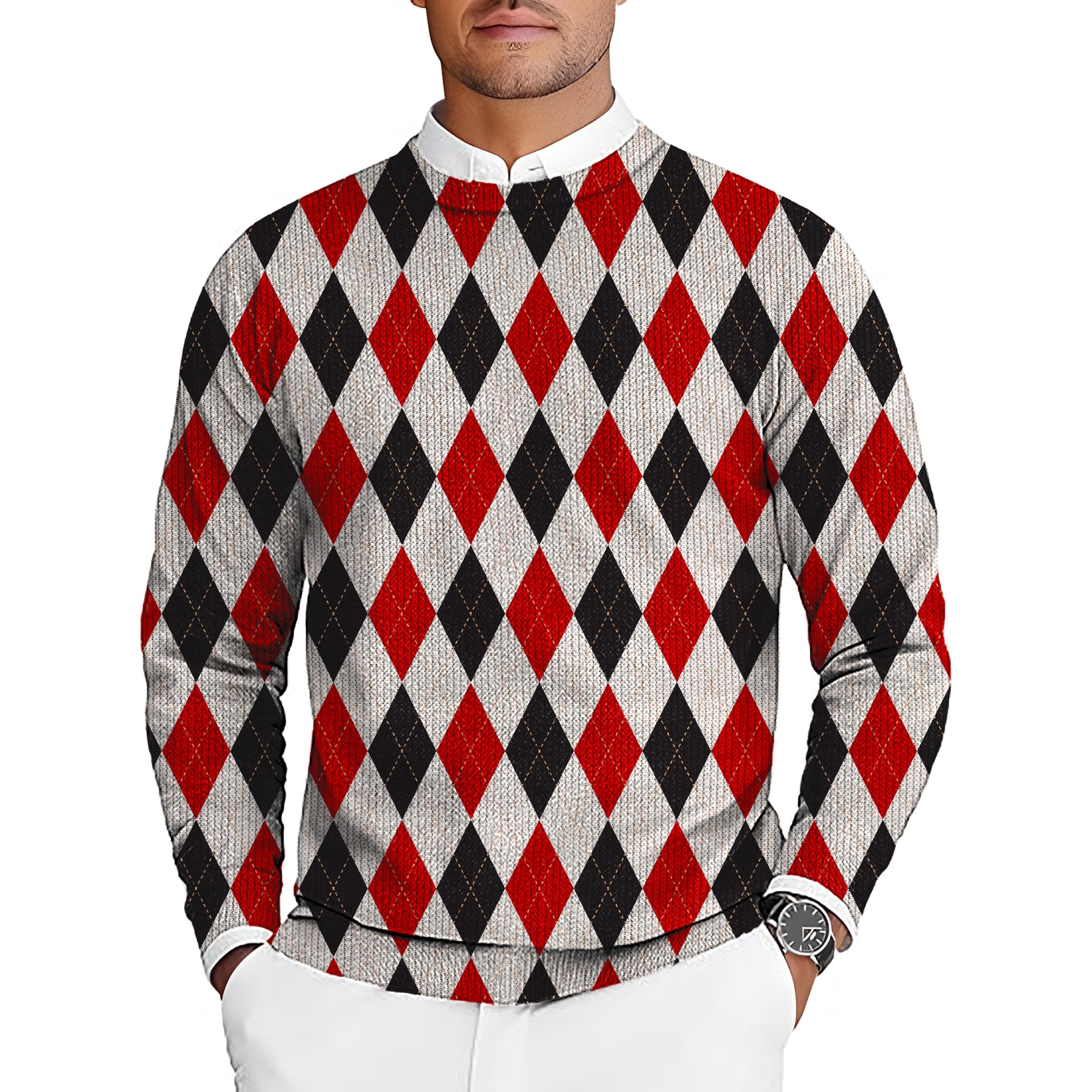 Argyle Red black grid Men's Golf Crewneck Pullover Sweaters Ugly Sweater