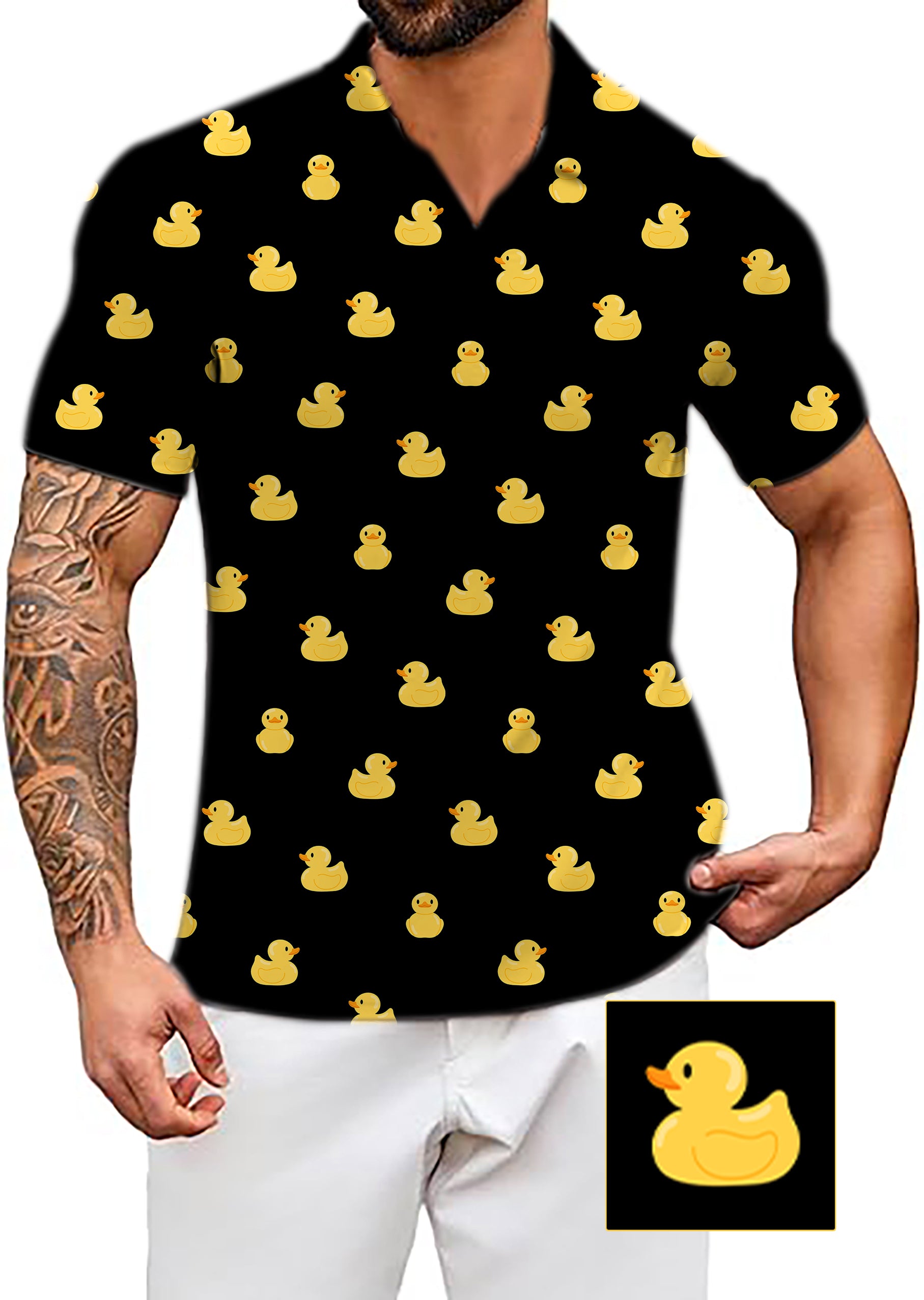 Men's Coconut Palm Yellow Rubber Duck Custom The Background Color V Neck Golf Polo Shirts