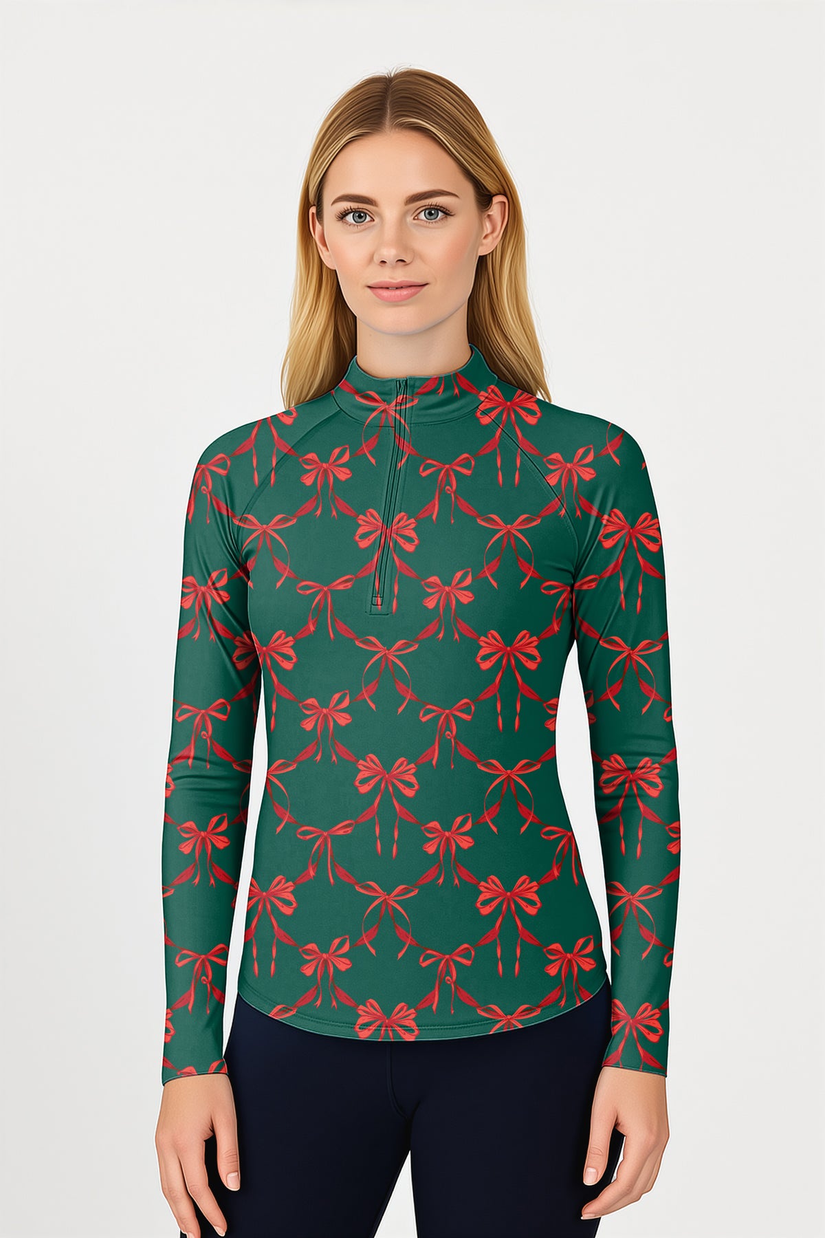 Christmas red knot detail Women's Golf Active 3/4 Zipper Top Long Sleeves