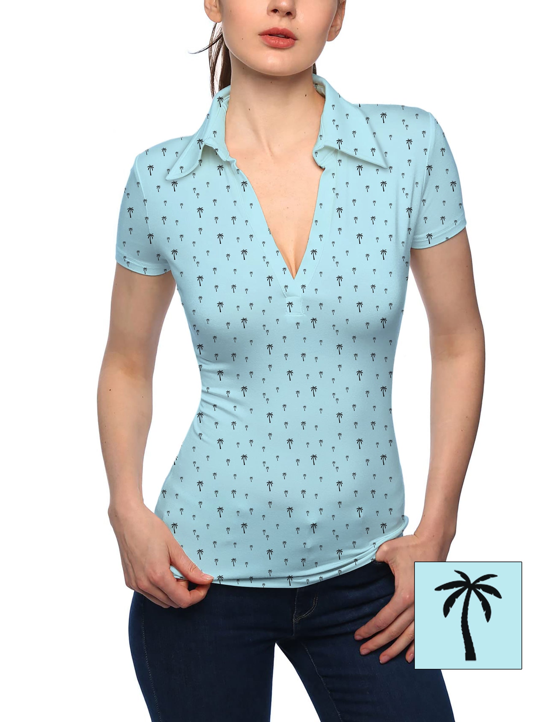 Women's light blue palm V Neck Golf Polo Custom The Background Color
