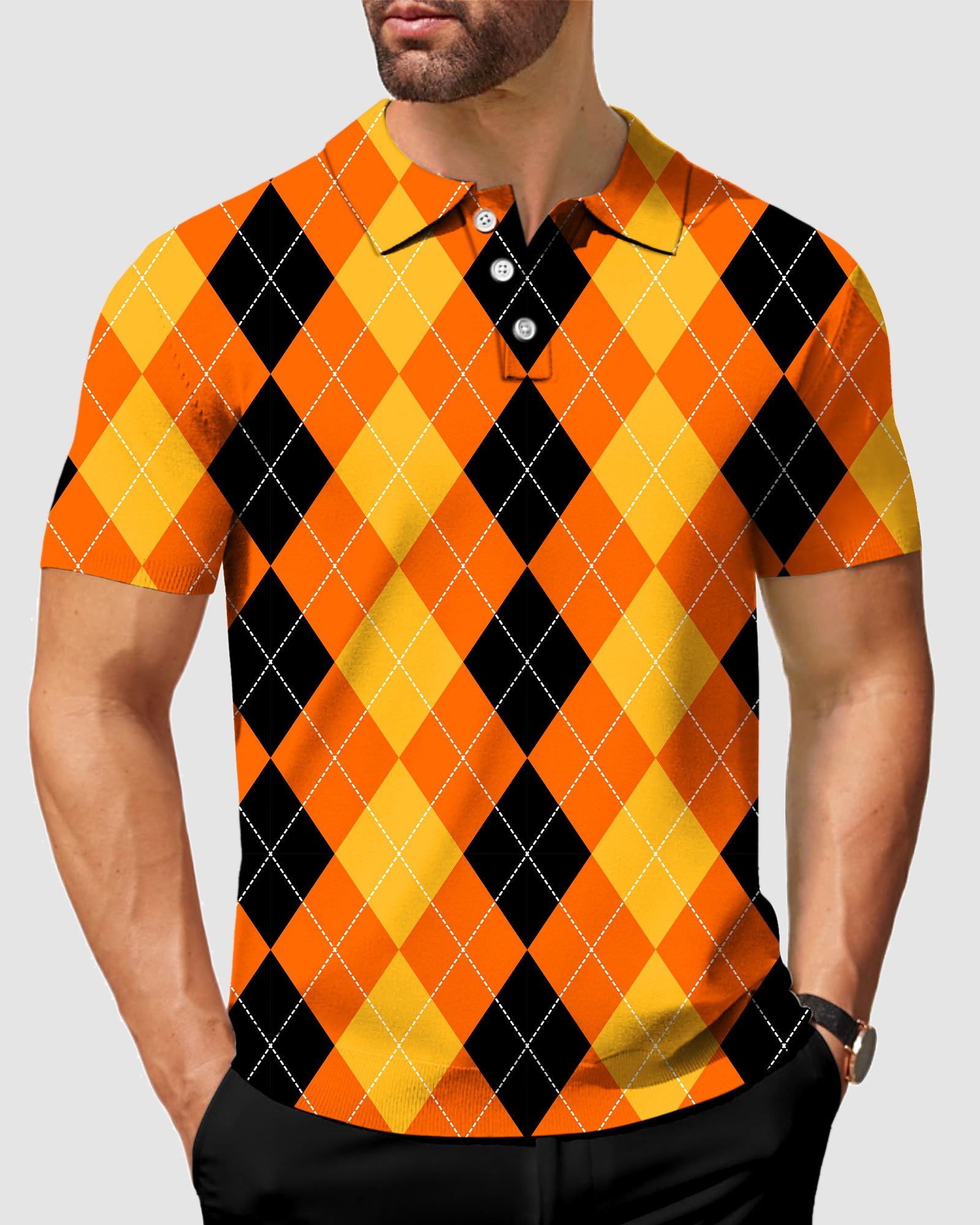 Men's Halloween Black Yellow Orange Argyle Polo