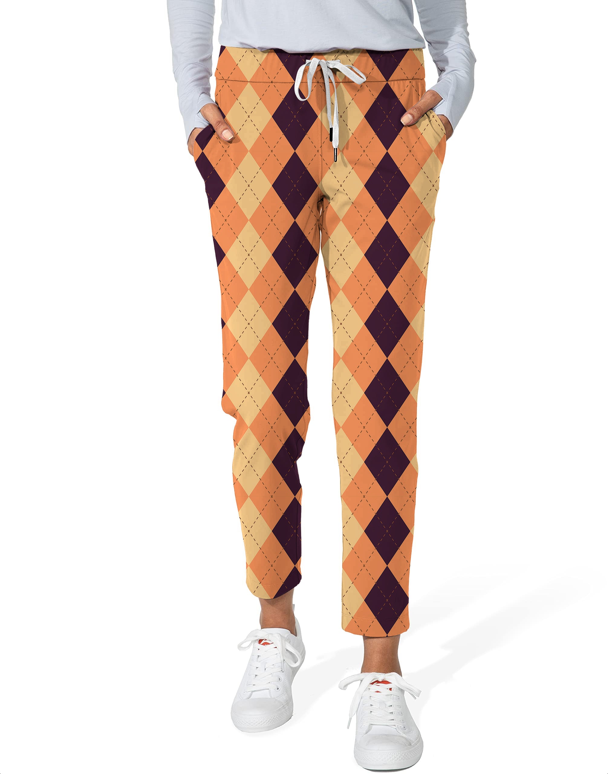Halloween Black Light Yellow Orange Argyle Women's 7/8 Stretch Ankle Golf Pants