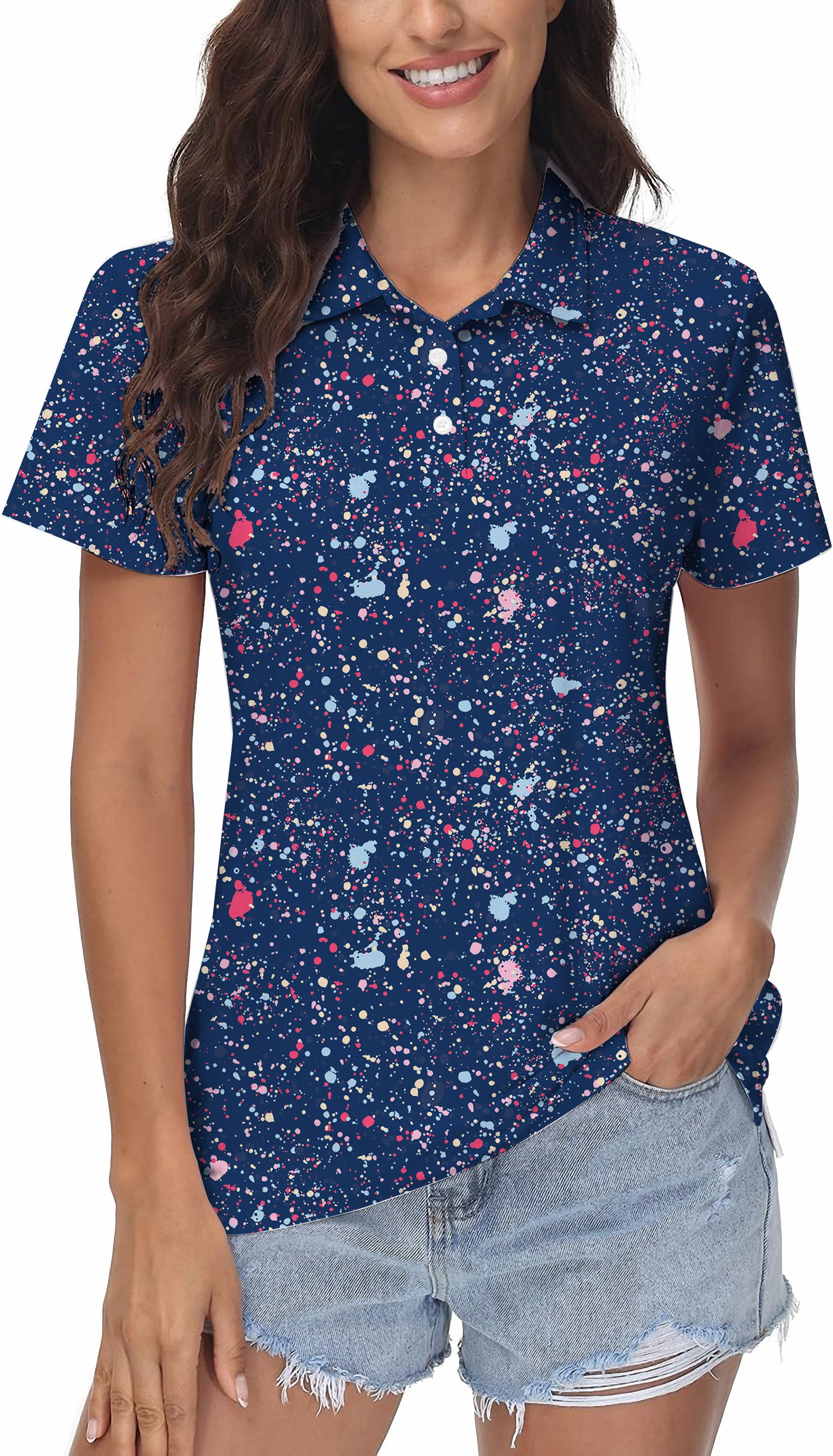 Navy Blue Ink Dots Women's Golf Polo