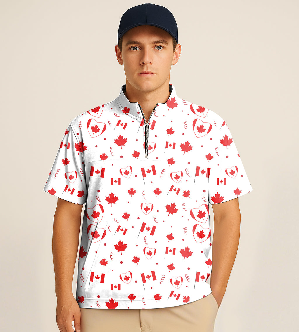 Half Zipper Turtleneck Golf Short Shirt Canadian Patriotic Flag Embroidery