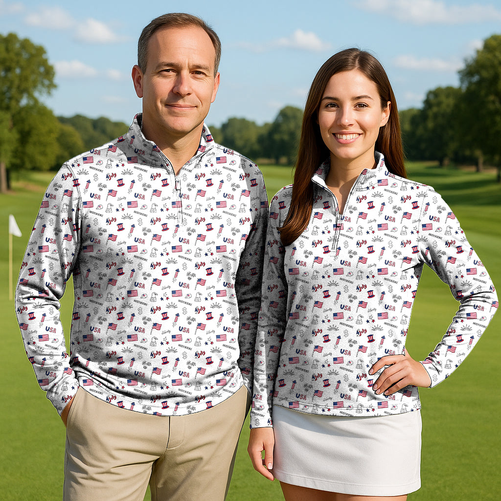 American flag Couple Golf Active 3/4 Zip Top Long Sleeves
