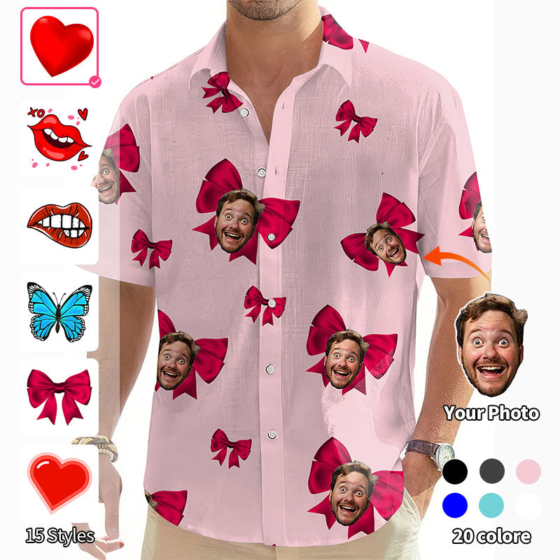 Valentine's Day Custom Photo Face Custom Color Pink Men's Golf Hawaiian Shirts Button Down Shirt