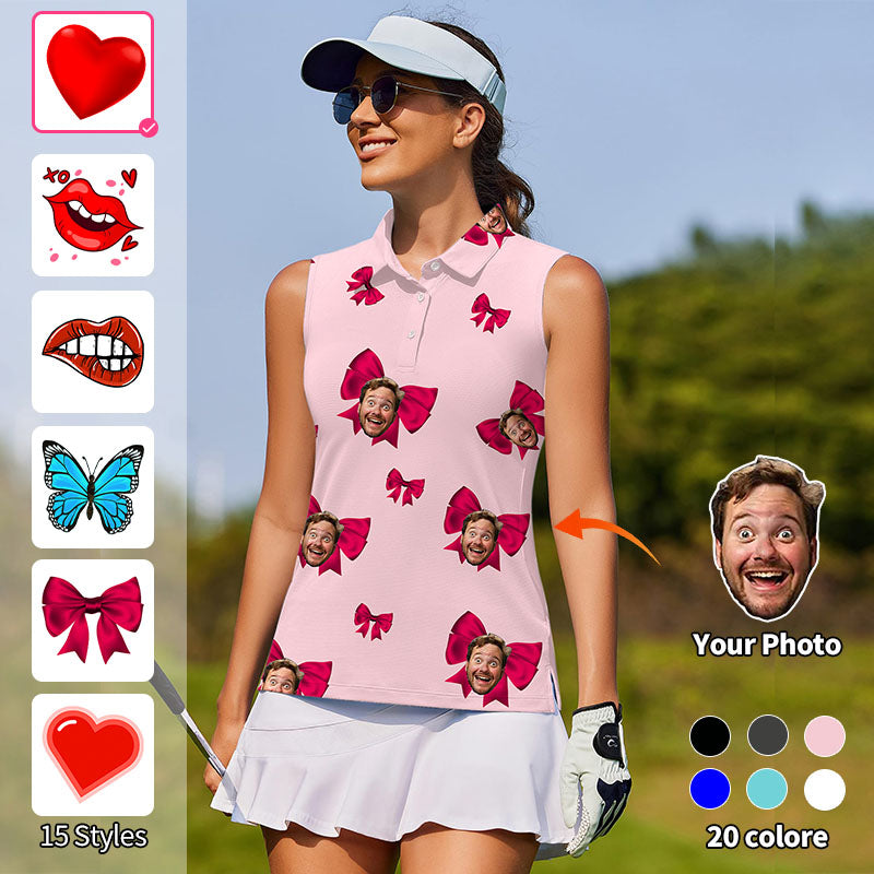 Valentine's Day Custom Photo Face Custom Color Pink White Women's golf Sleeveless shirt