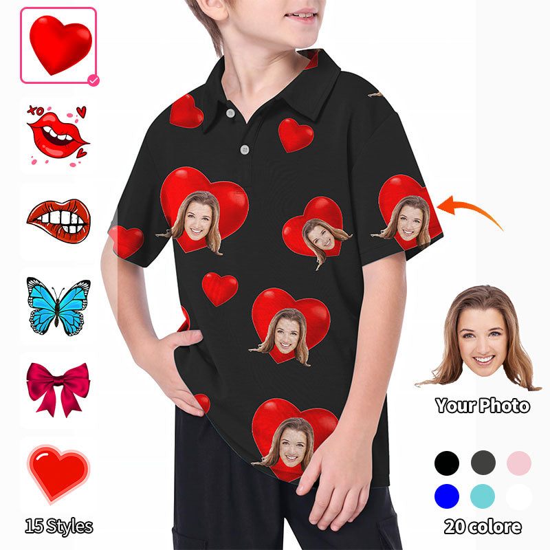 Valentine's Day Youth Custom Photo Face Custom Color Black Love Golf Polo