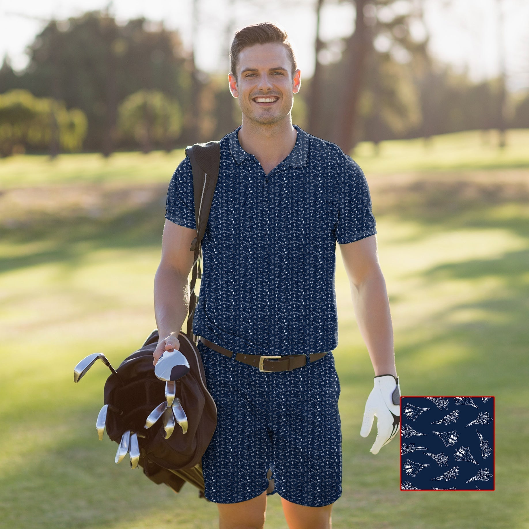 Men's golf set polo and shorts in navy blue with custom pattern, four-way stretch, moisture-wicking fabric, wrinkle resistant, UPF 40+ protection, and classic fit for comfort and style on the golf course
