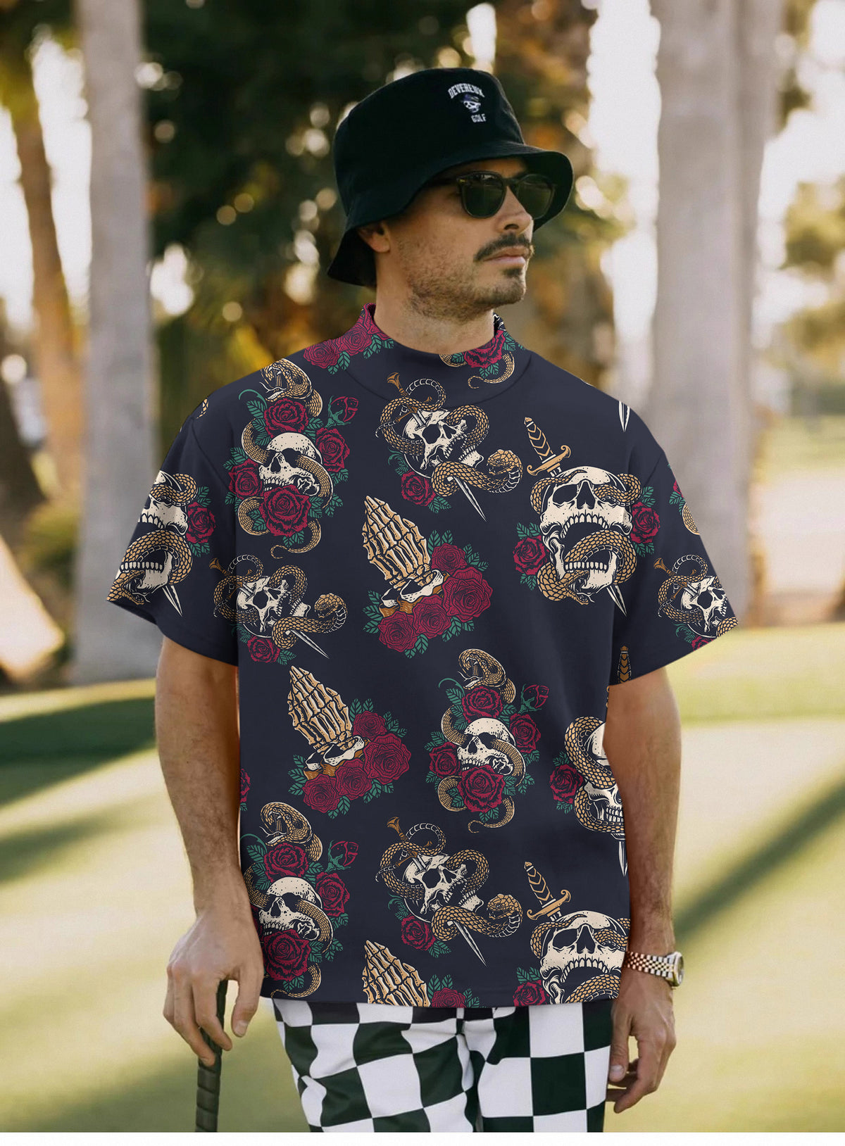 Men's Halloween Snake Skeleton Mock Neck Long/Short Sleeve Golf Tops
