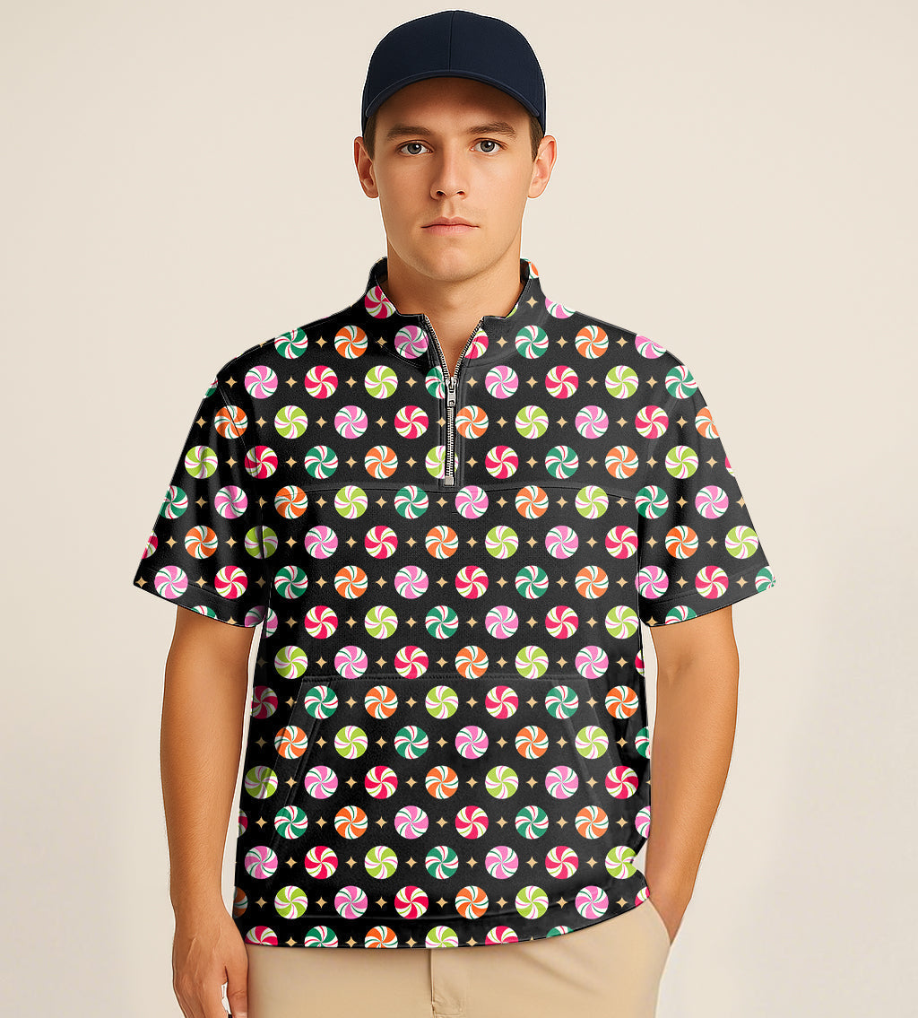Half zipper turtleneck golf shirt with colorful Christmas candy embroidery and short sleeves