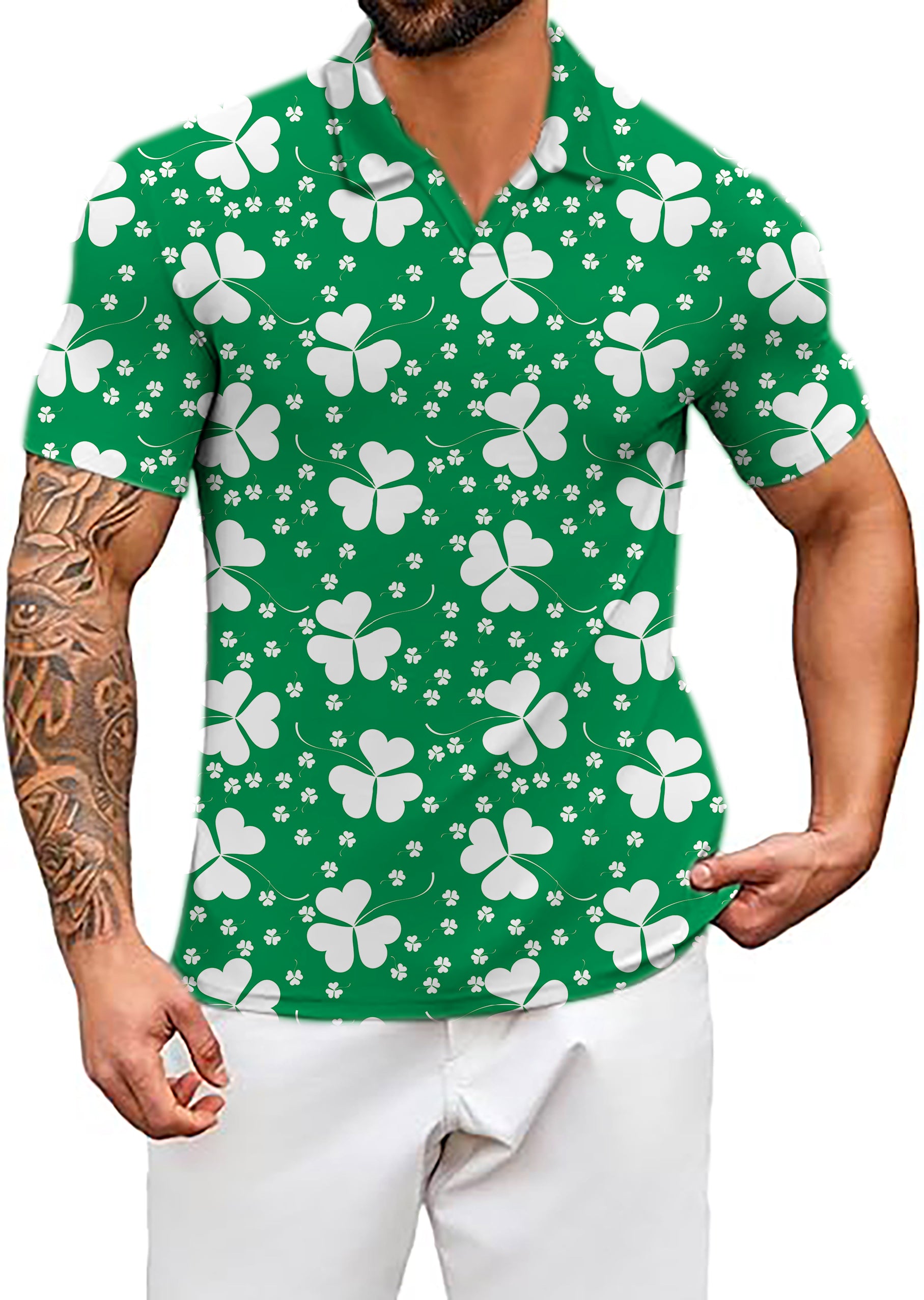 Men's Leaf clover St. Patrick's Day V Neck Golf Polo Shirts