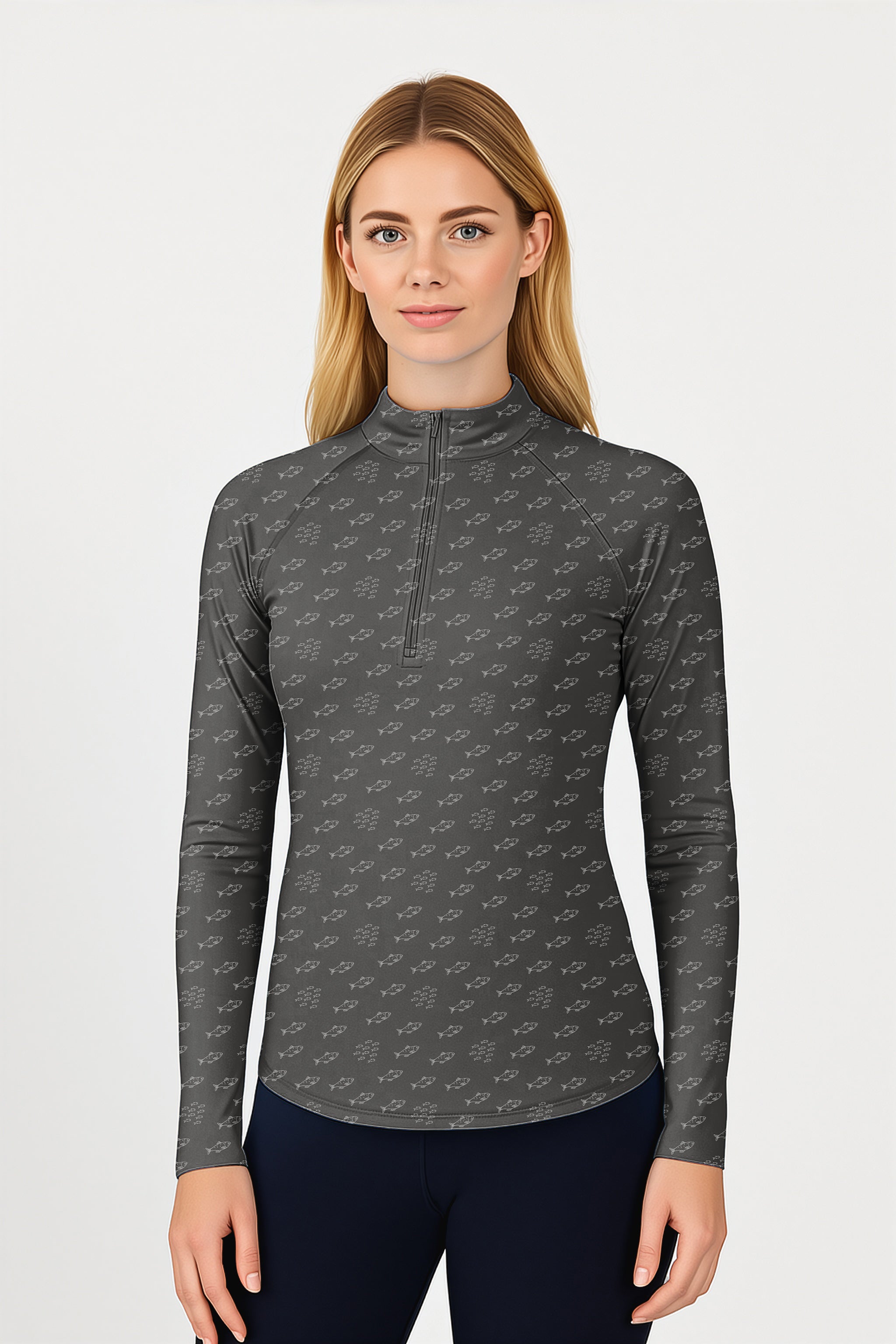Minimal Fish Sketch Women's Golf Active 3/4 Zipper Top Long Sleeves
