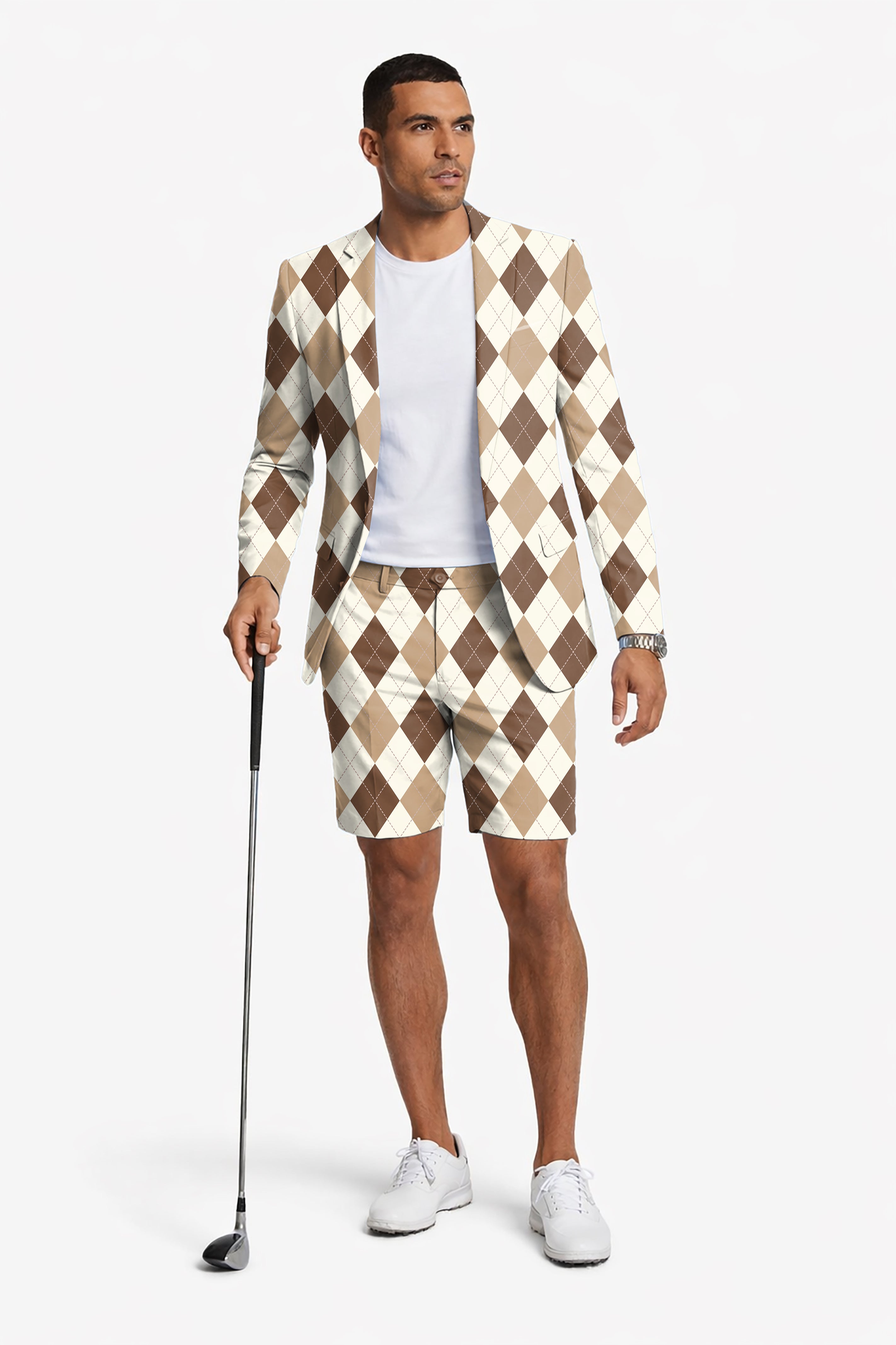 brown Argyle Men's Party Costumes-Theme Party 2pcs Suit set-Blazer Shorts
