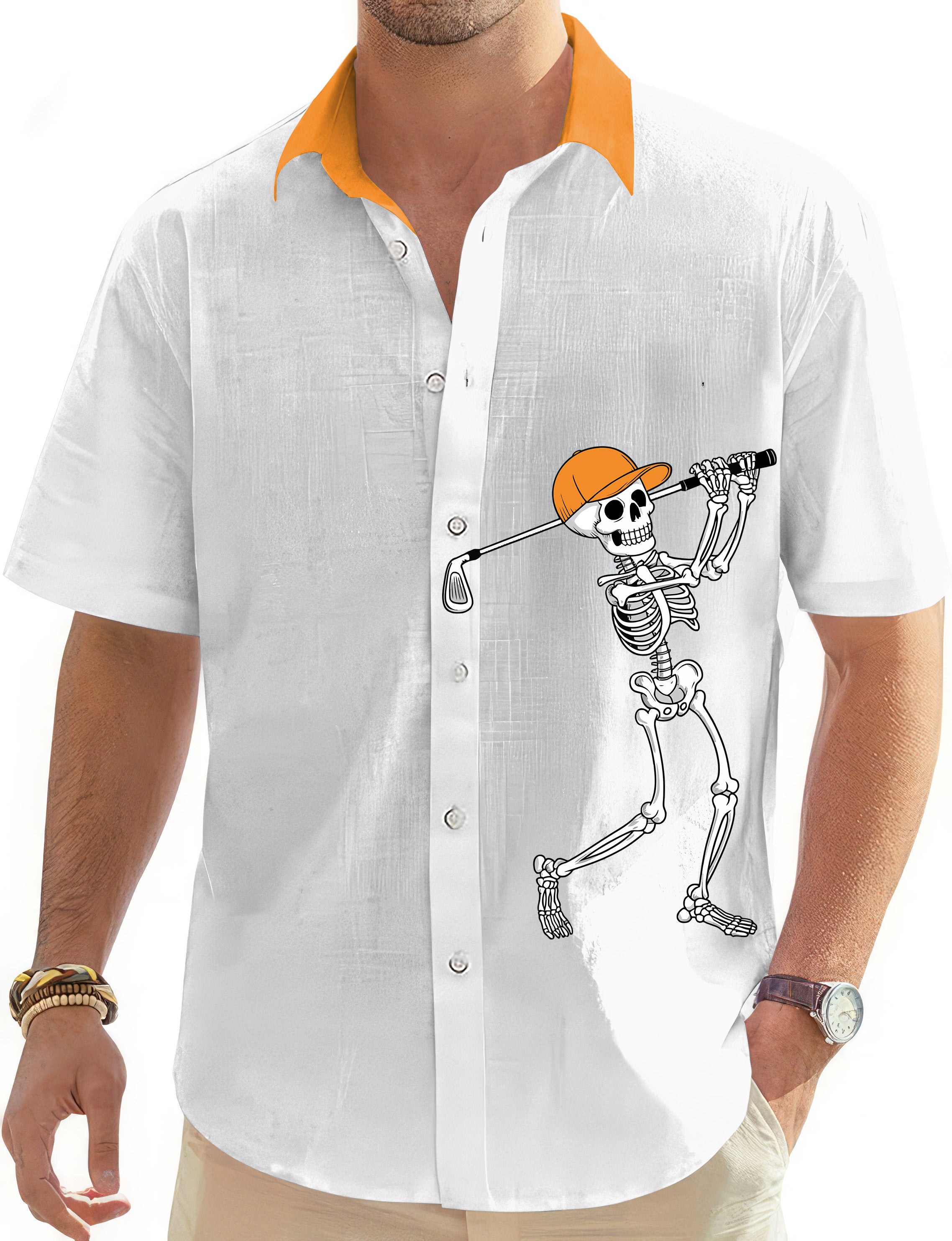 Pumpkin White Halloween Skeleton Golf Men's Golf Hawaiian Shirts Button Down Shirt