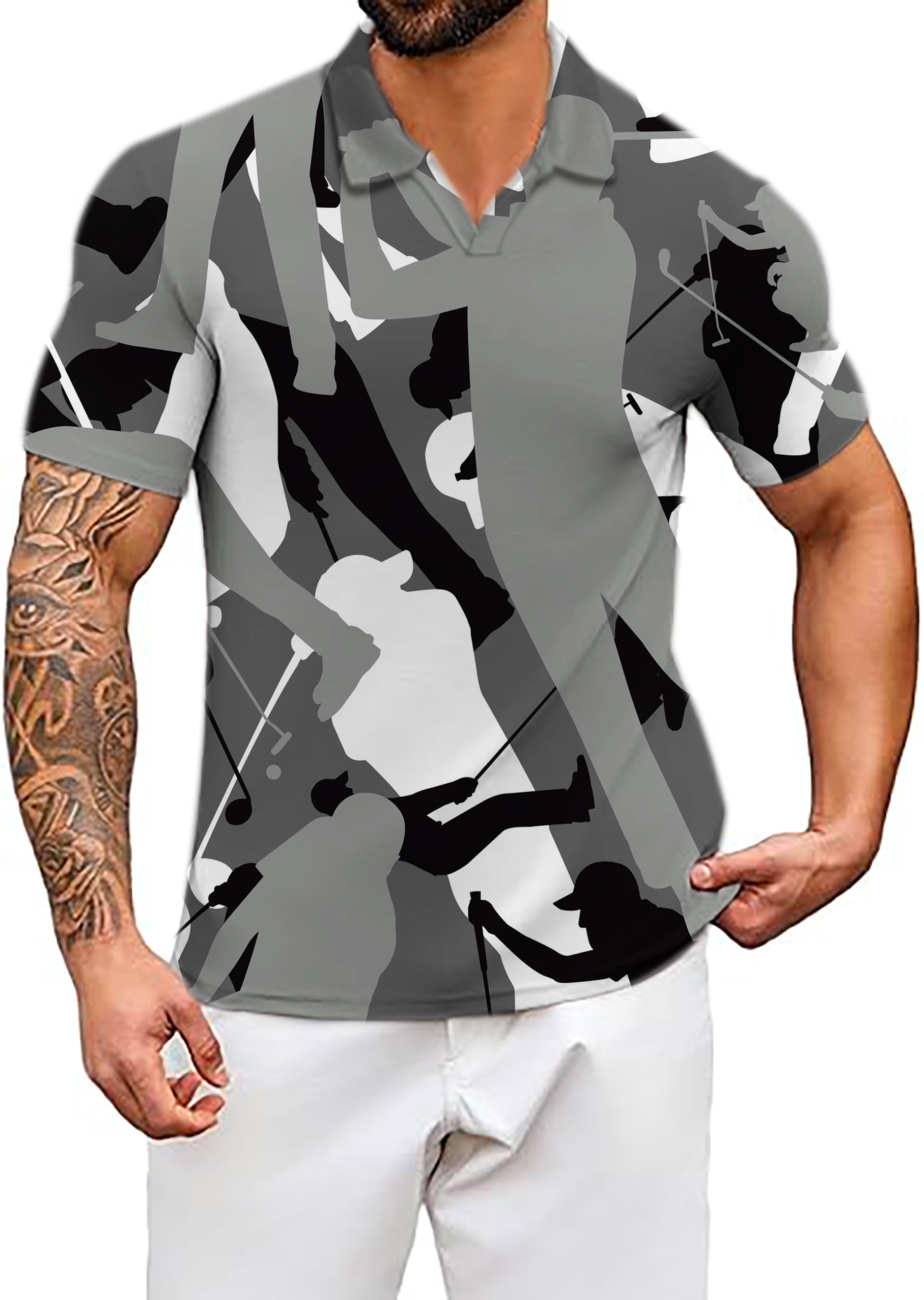 Men's Black And White Golf Flag Celebration V Neck Golf Polo Shirts