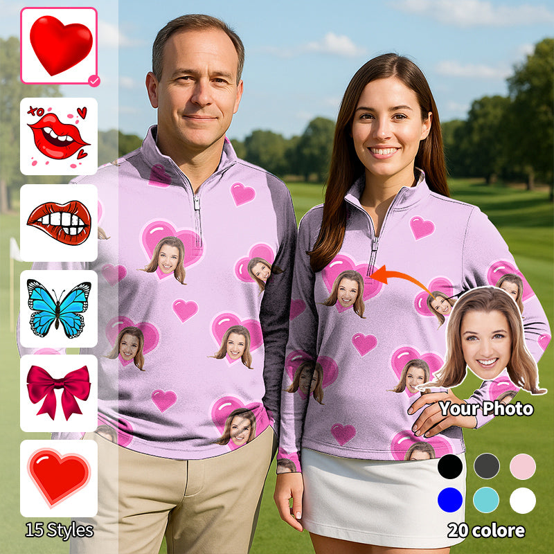 Valentine's Day custom photo face purple 3/4 zip golf top with long sleeves for couples