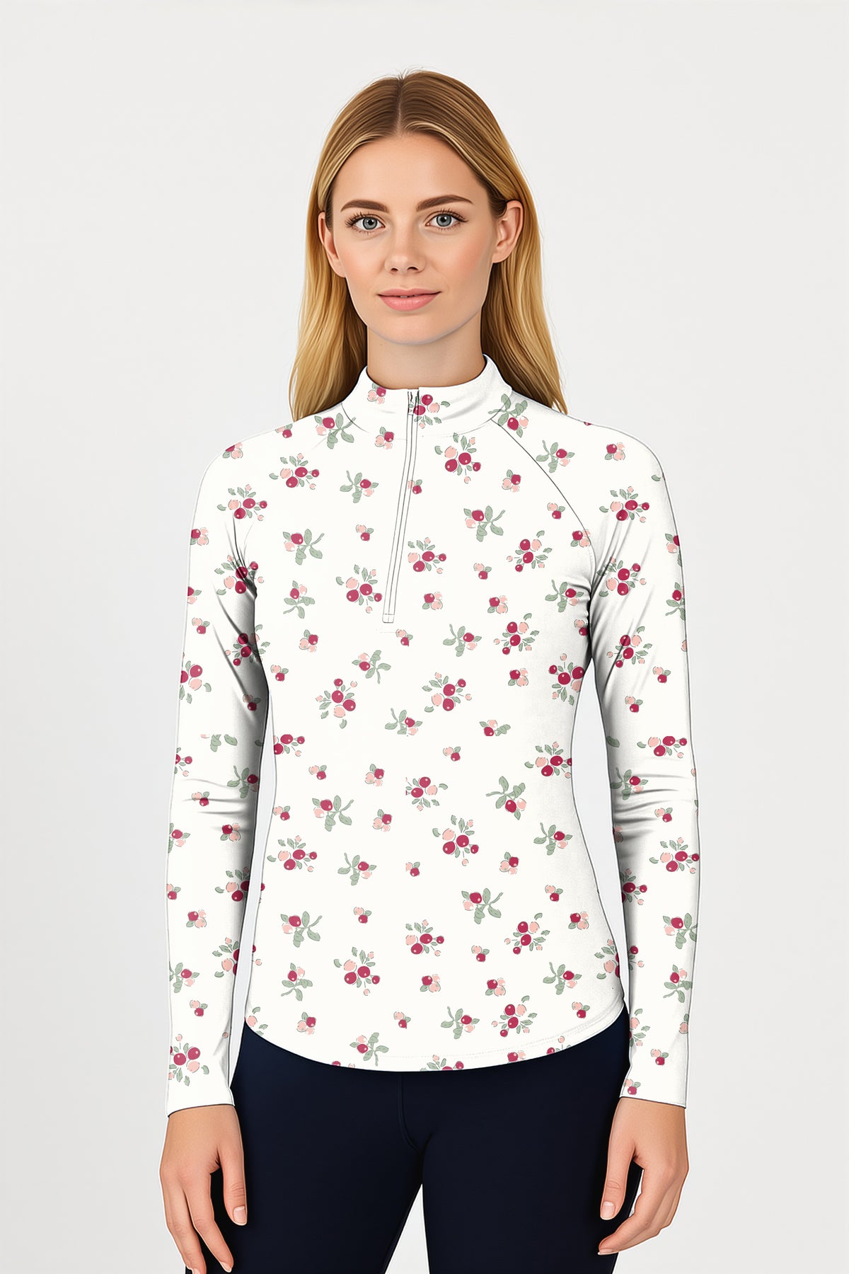 Christmas holly berries Women's Golf Active 3/4 Zipper Top Long Sleeves