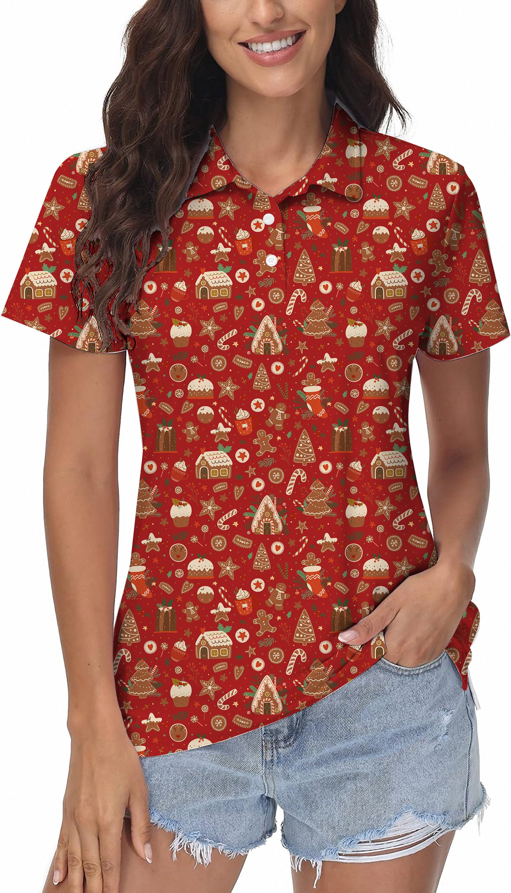 Women's Red Christmas Candy House Golf Polo