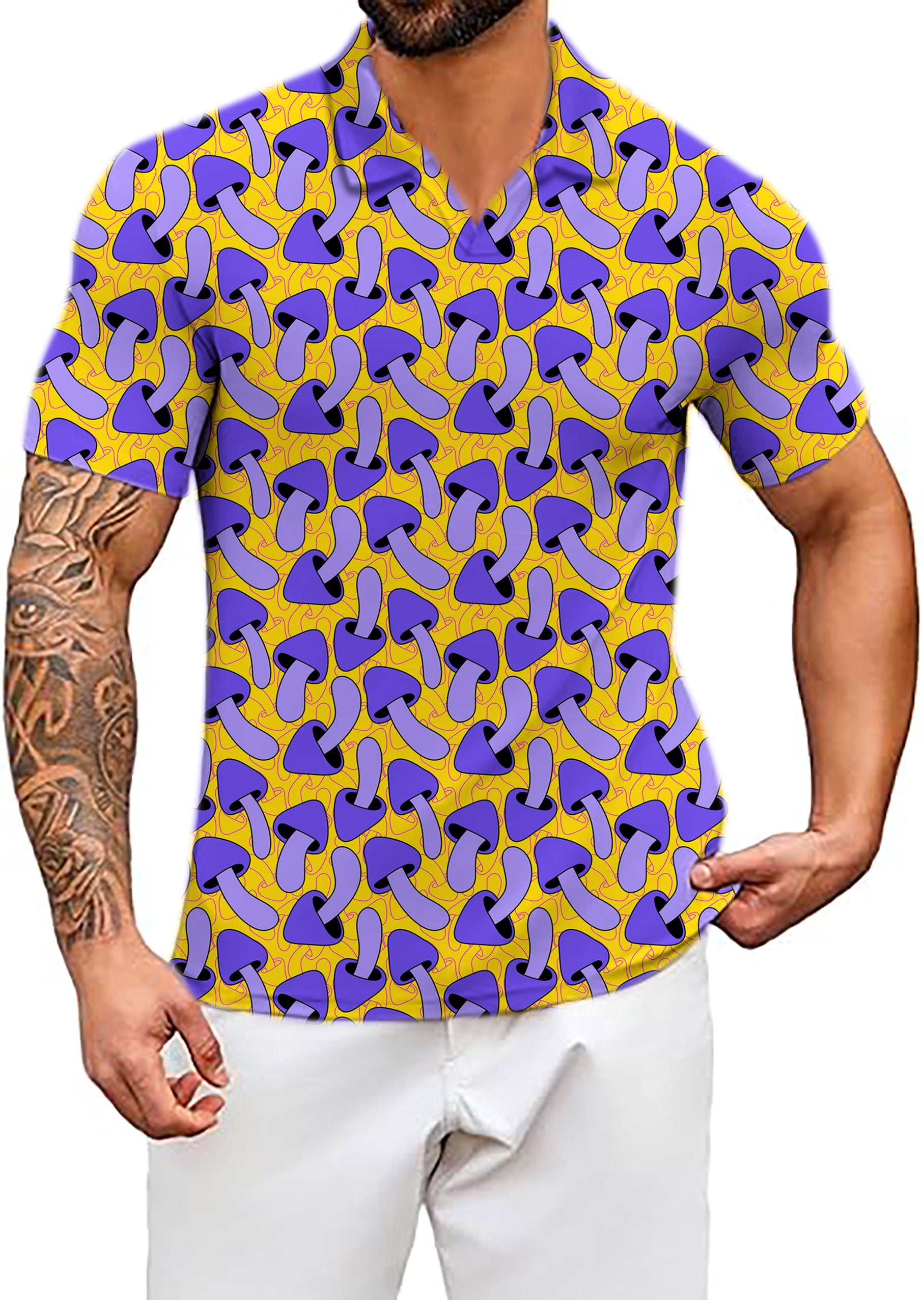 Men's Psychedelic Mushroom Print V Neck Golf Polo Shirts