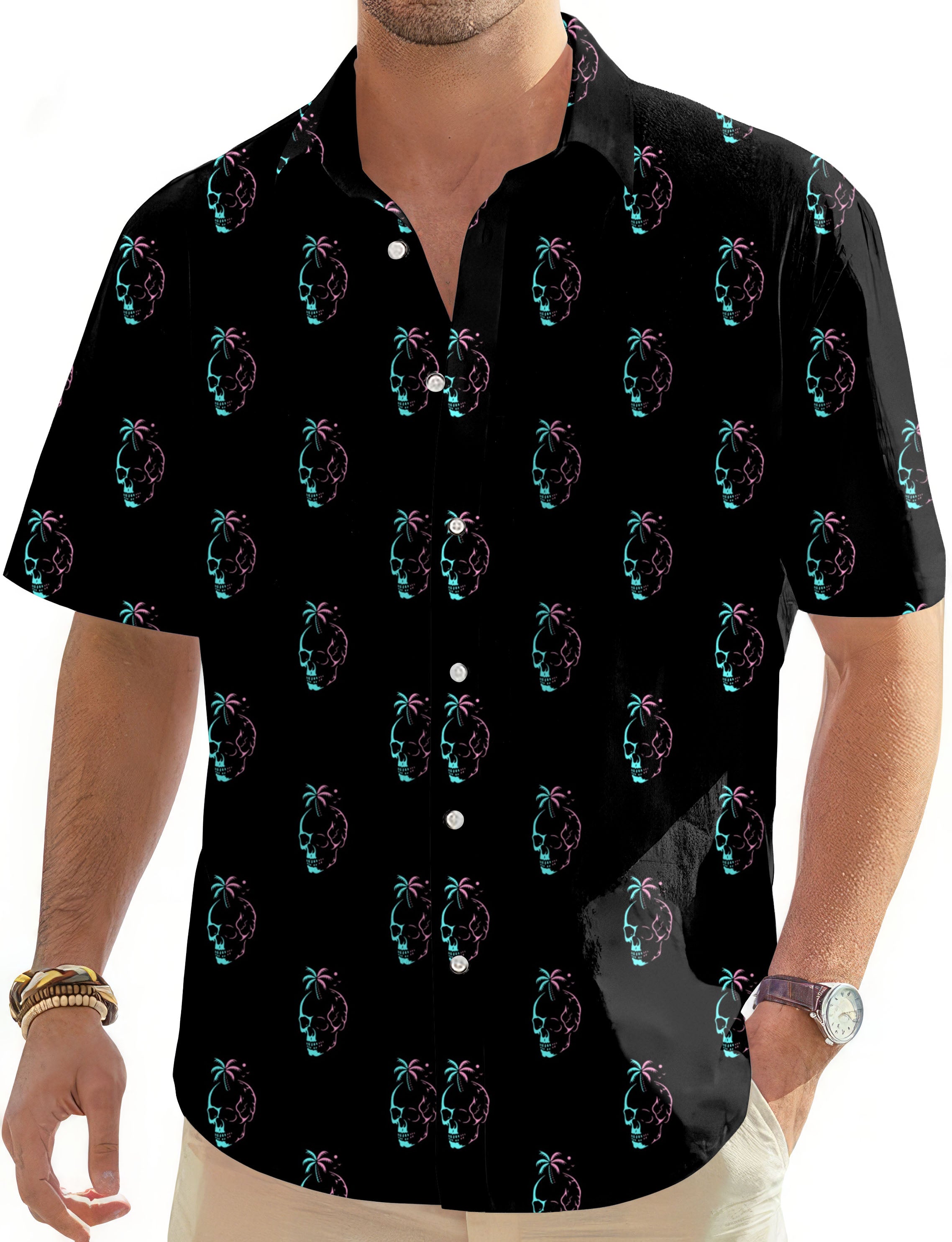 Palm Skulls-Men's Golf Hawaiian Shirts Button Down Shirt