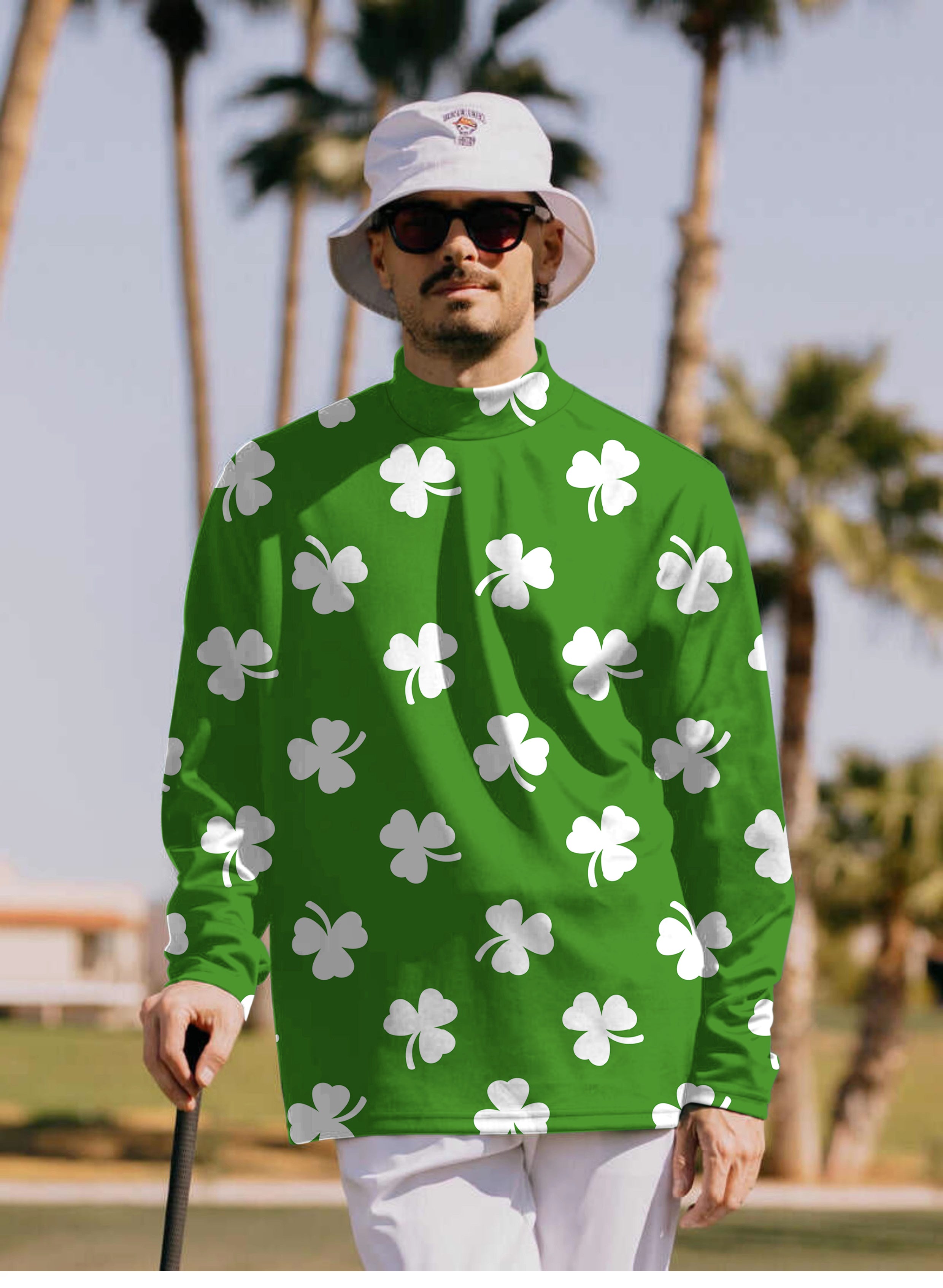 Men's Leaf clover St. Patrick's Day Pullover High neck Long/Short sleeve T-Shirt