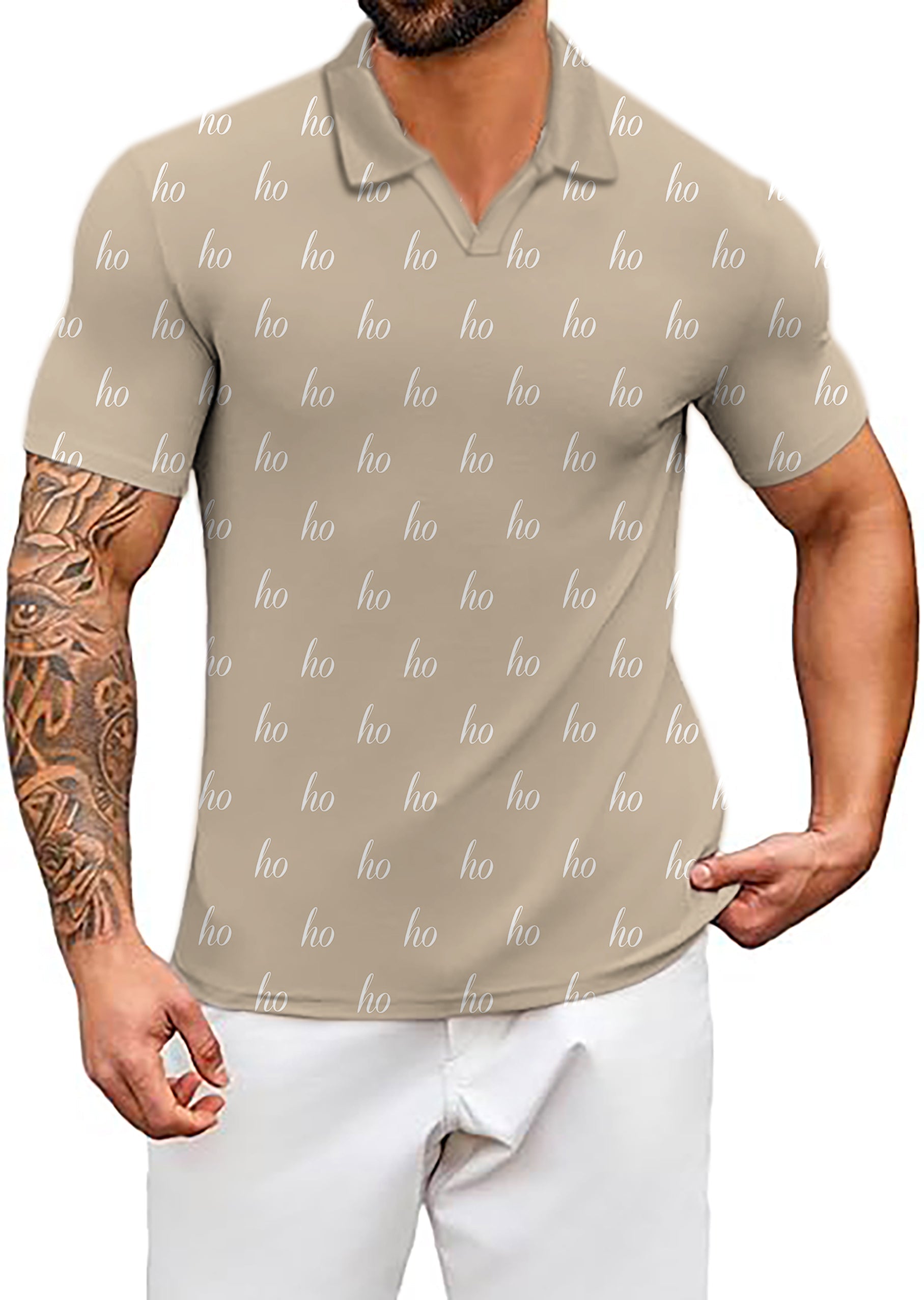 Men's Coconut Palm beige polo shirt with navy blue ink dots, custom name, four-way stretch, wrinkle resistant, UPF 40+ protective fabric, classic fit.