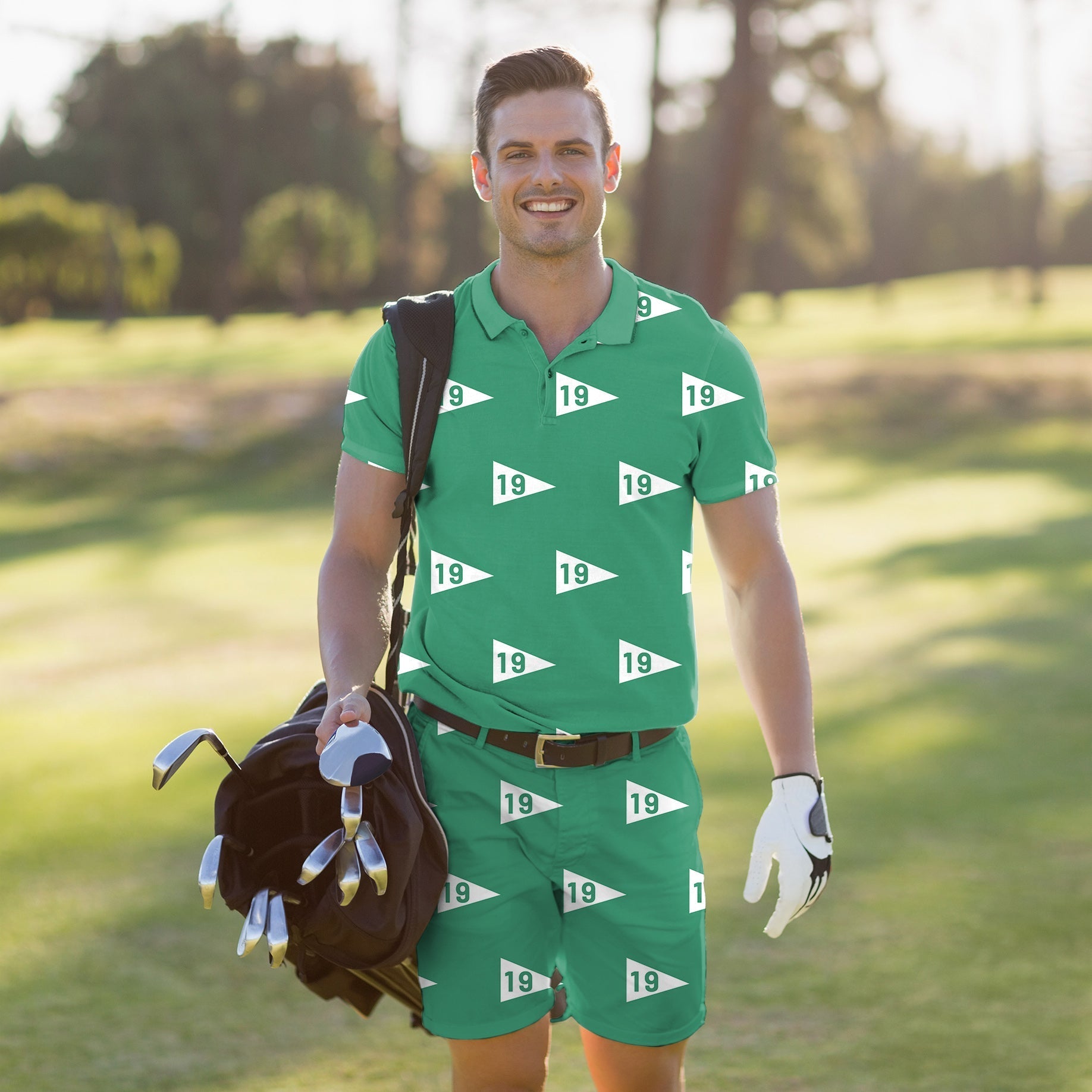 Men's Golf Set polo and shorts in green with 19th hole design, breathable and wrinkle-resistant fabric, ideal for comfort and style on the golf course