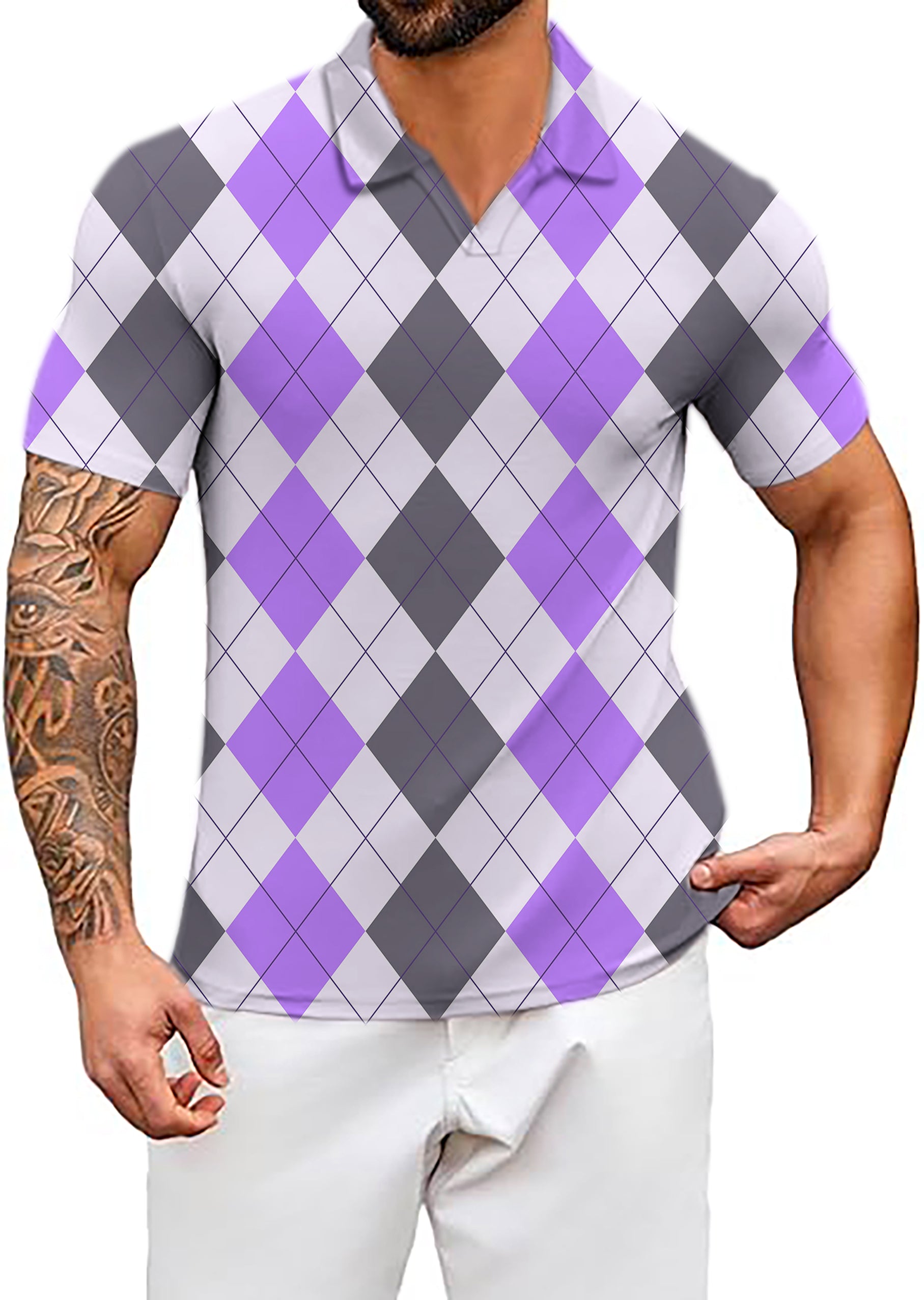 Men's Purple grey Argyle V Neck Golf Polo Shirts