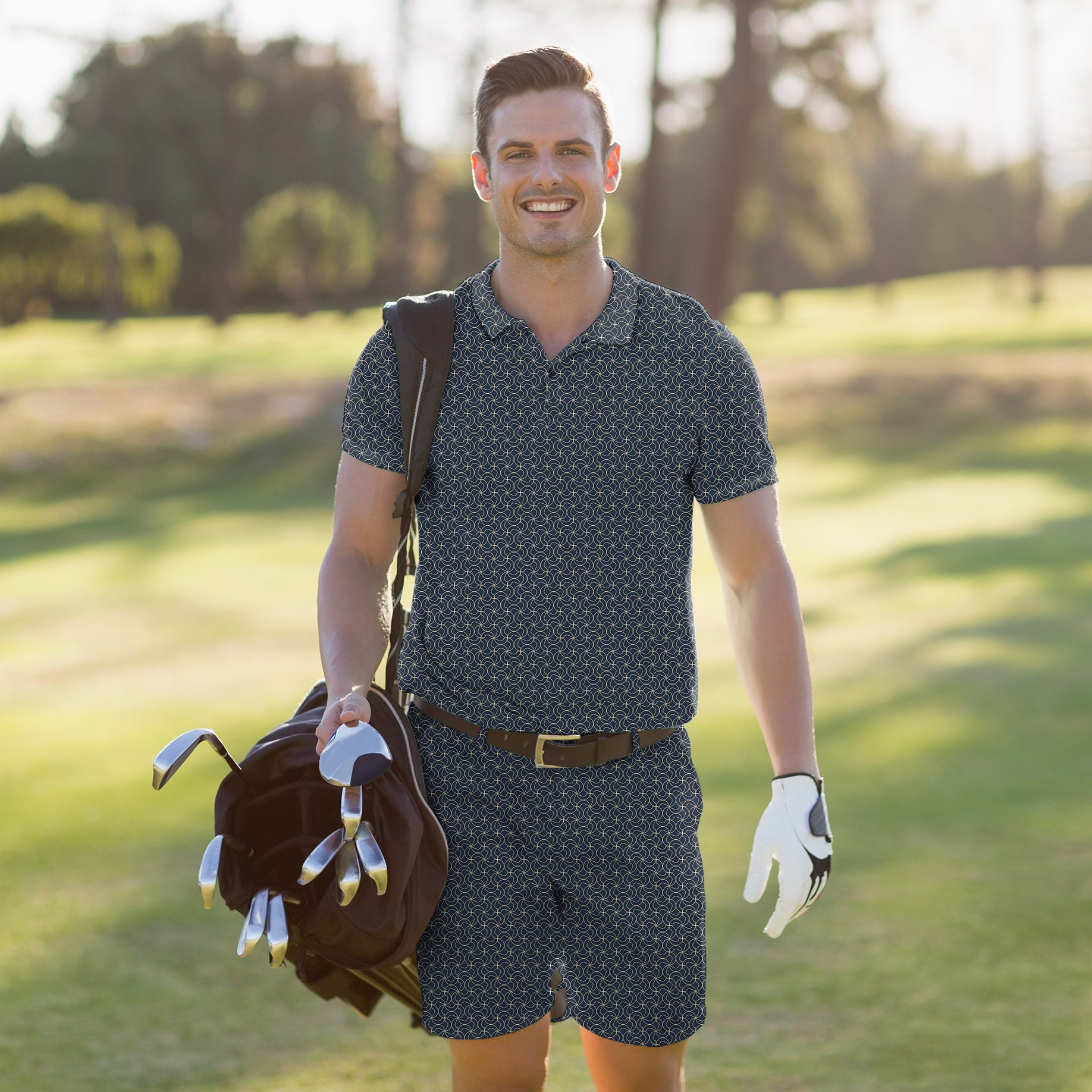 Men's Golf Set Polo+Shorts navy blue floral limited edition