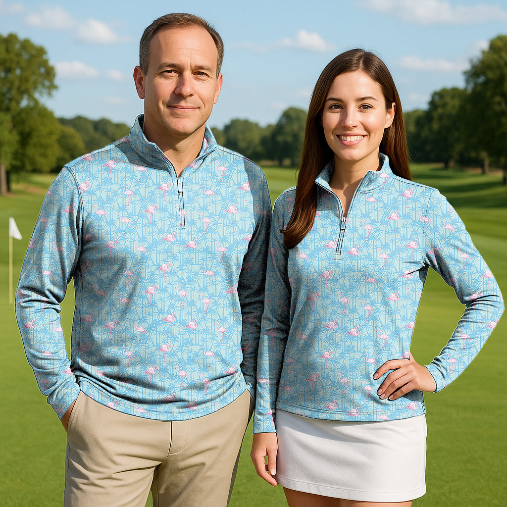 A pale pink flamingo Couple Golf Active 3/4 Zip Top