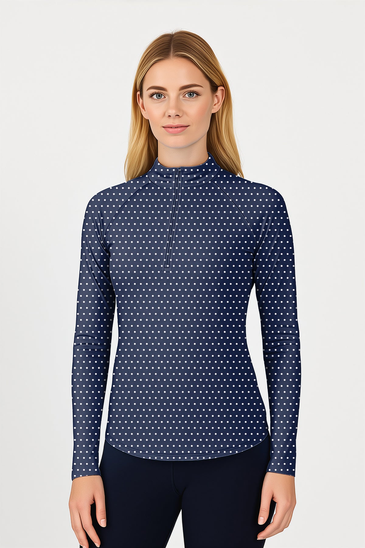 Navy blue with white polka dots Women's Golf Active 3/4 Zipper Top Long Sleeves