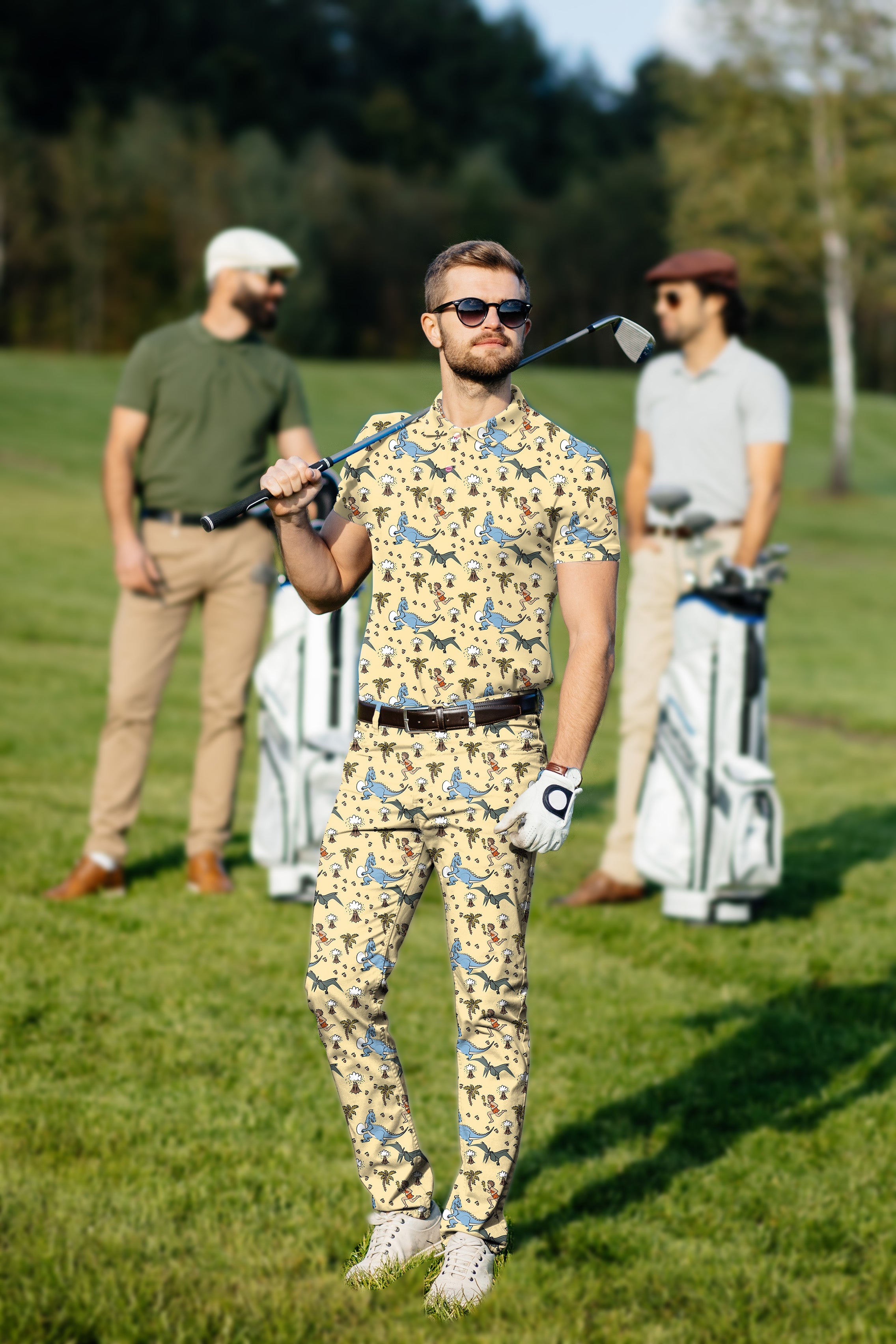Men's Golf Set Polo+Pants dinosaur wild man volcano